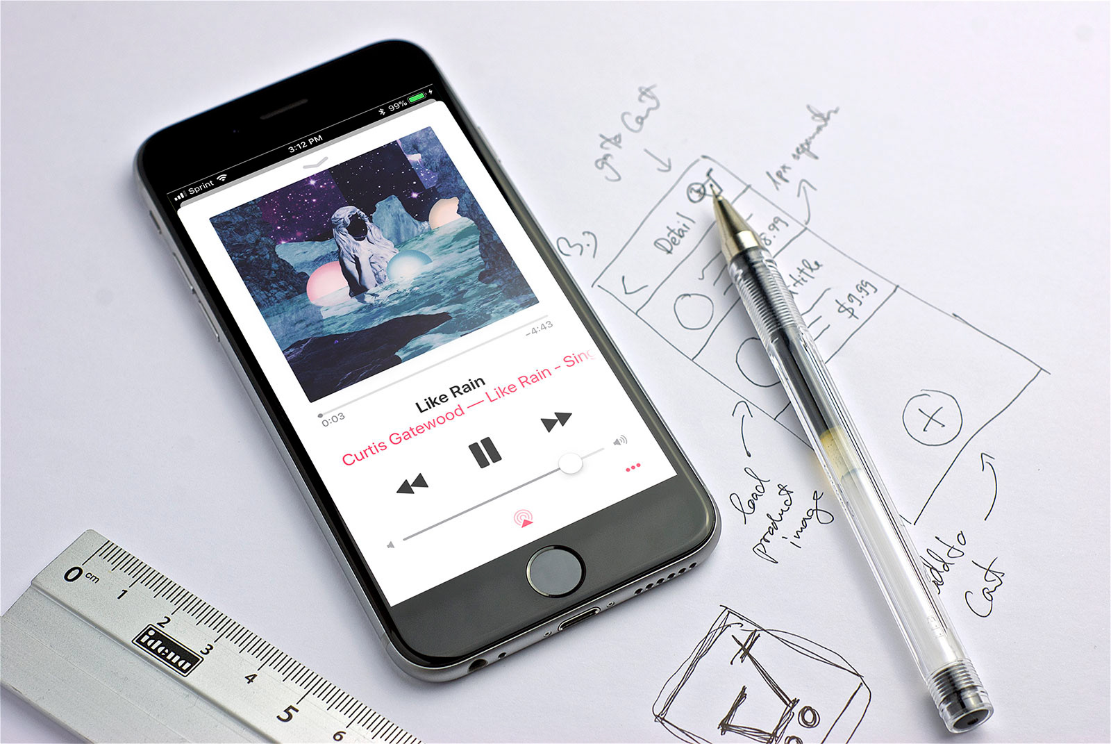 Closeup of a phone playing music, specifically Curtis Gatewood's "Like Rain" single