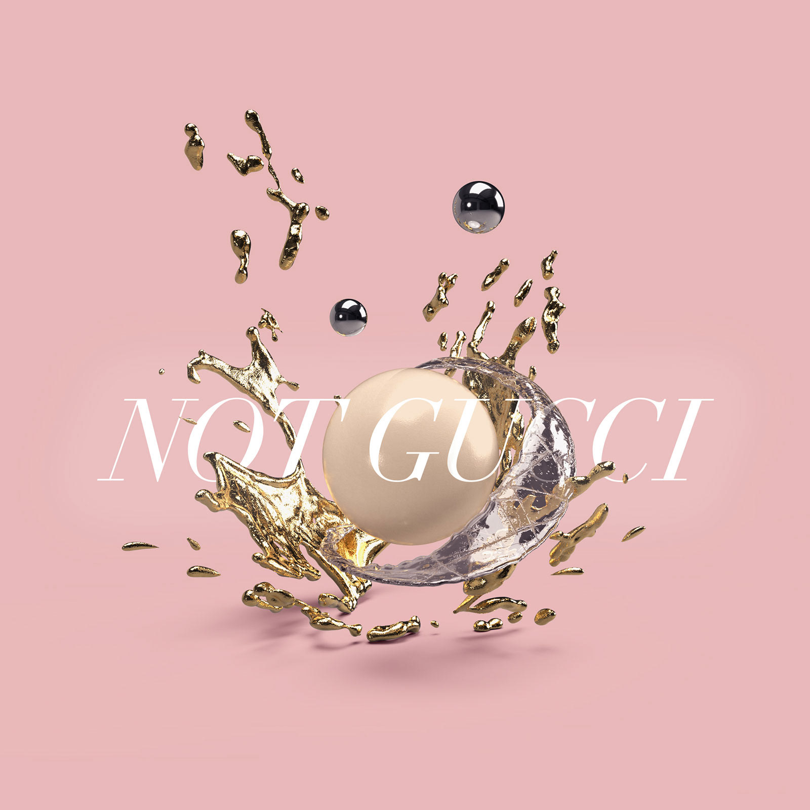 Abstract 3D rendering with glass, gold, and metal elements on a pink background with text that reads "Not Gucci"