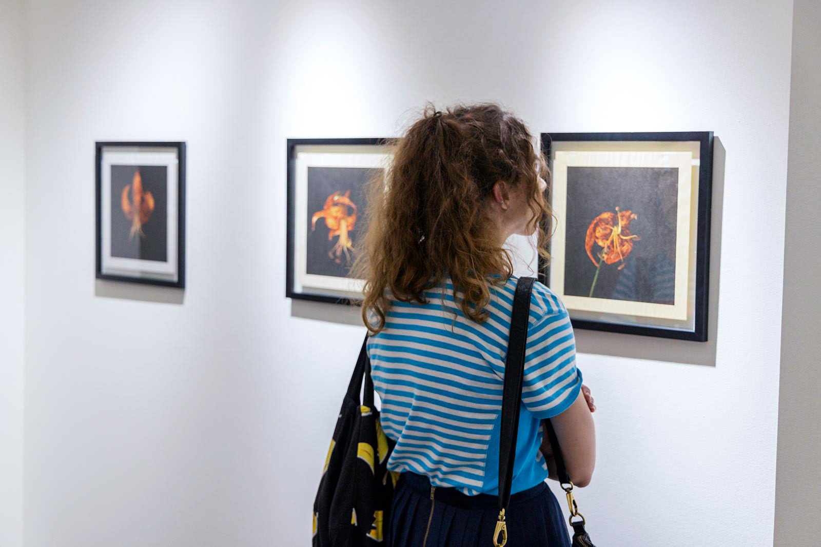 Woman looking at installation view of "Transposing Forms."