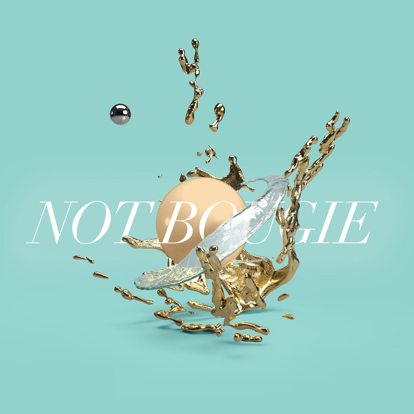 Abstract 3D rendering with glass, gold, and metal elements on a teal background with text that reads "Not Bougie"