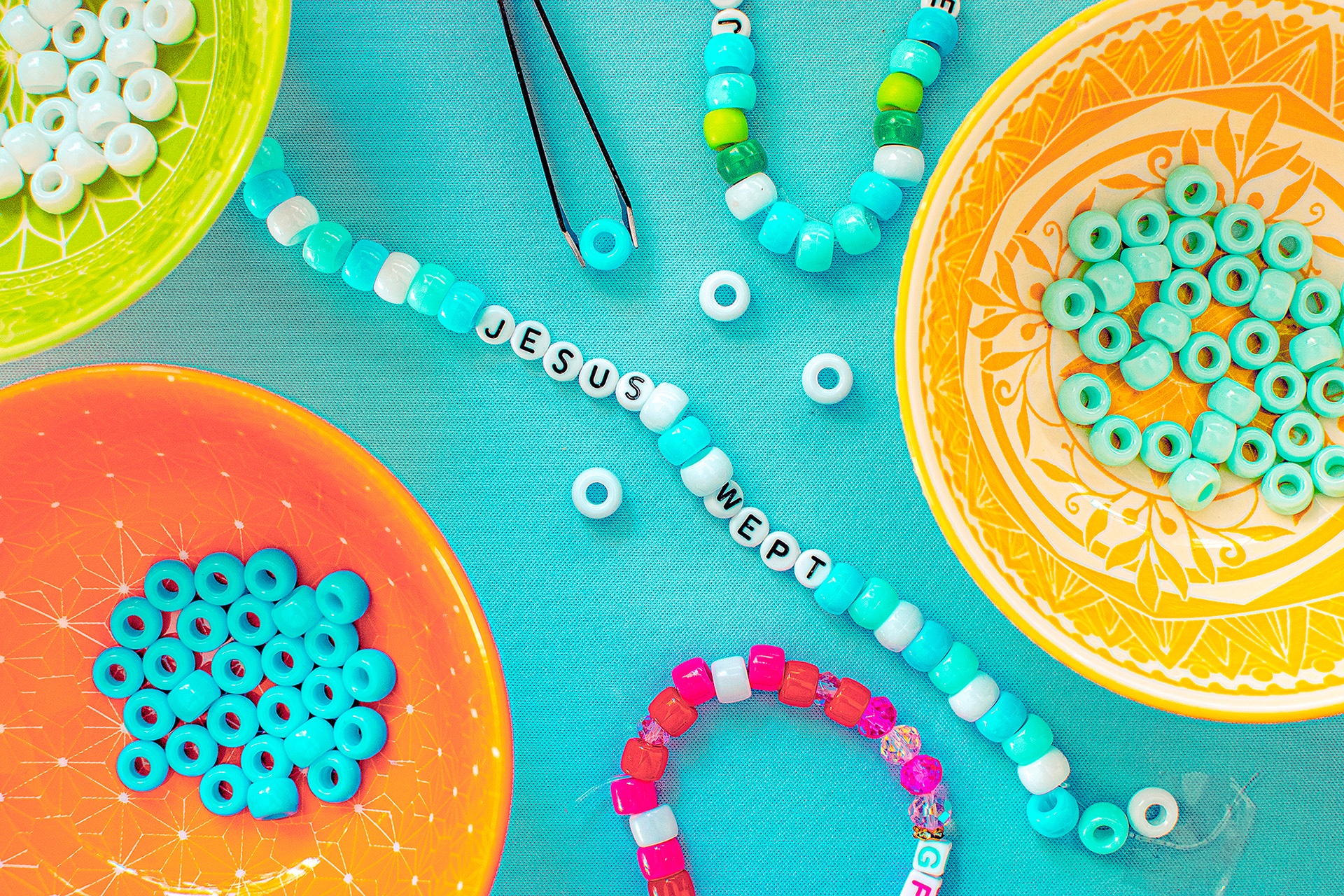 "Jesus Wept" on a friendship bracelet