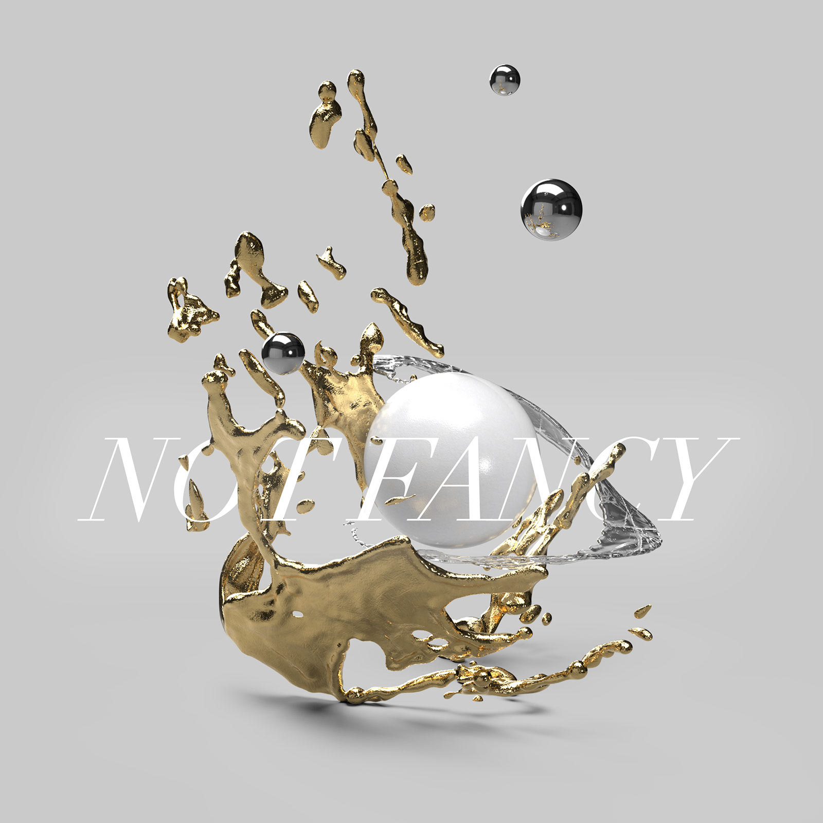 Abstract 3D rendering with glass, gold, and metal elements on a grey background with text that reads "Not Fancy"