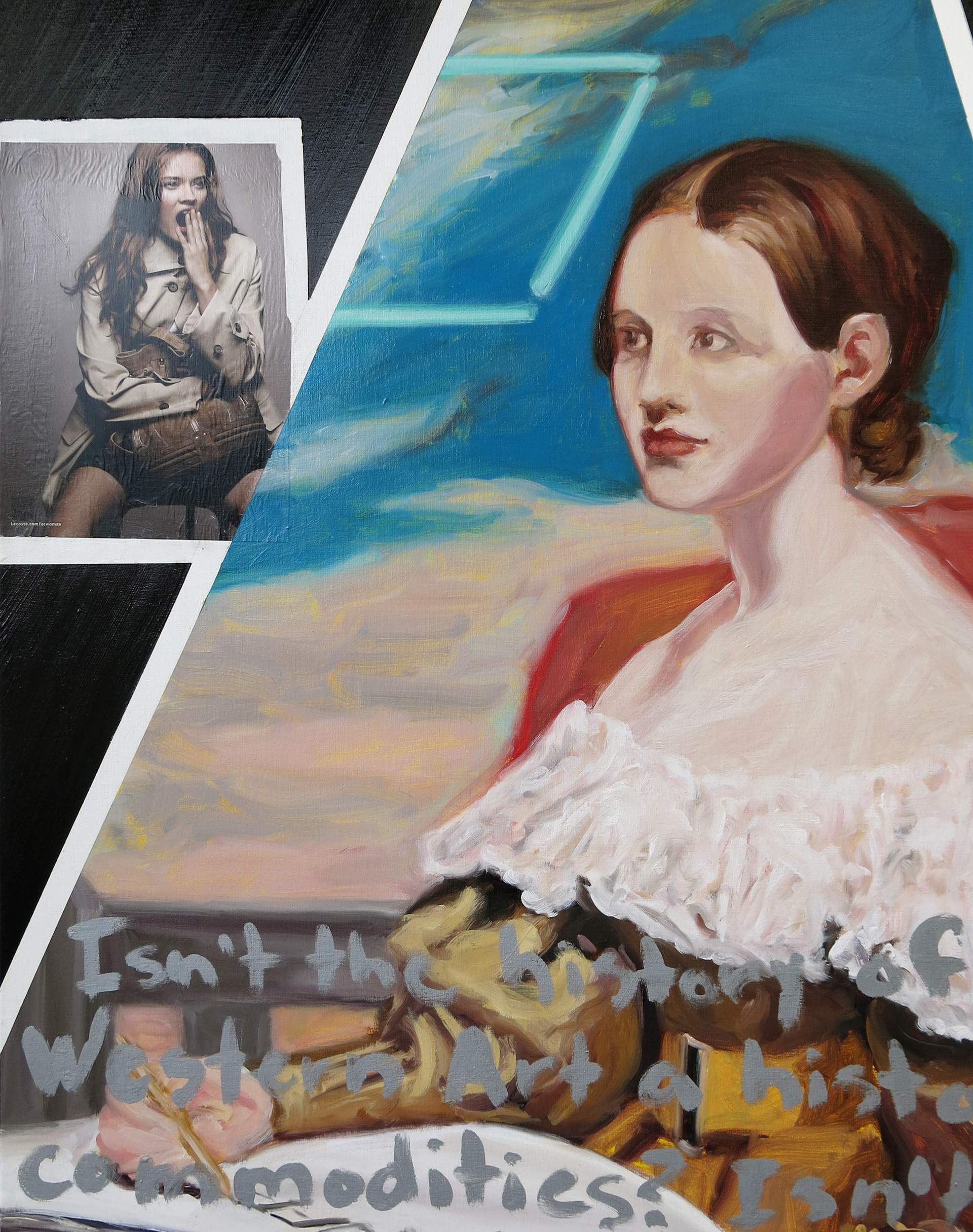 DETAIL: A History of Commodities (After Samuel F.B. Morse and Jack Goldstein), 2014/ Oil, collage and metallic paint on linen/ 130 x 90 cm (approx. 51 1/8 x 35 3/8 inches)/ Private Collection, Germany