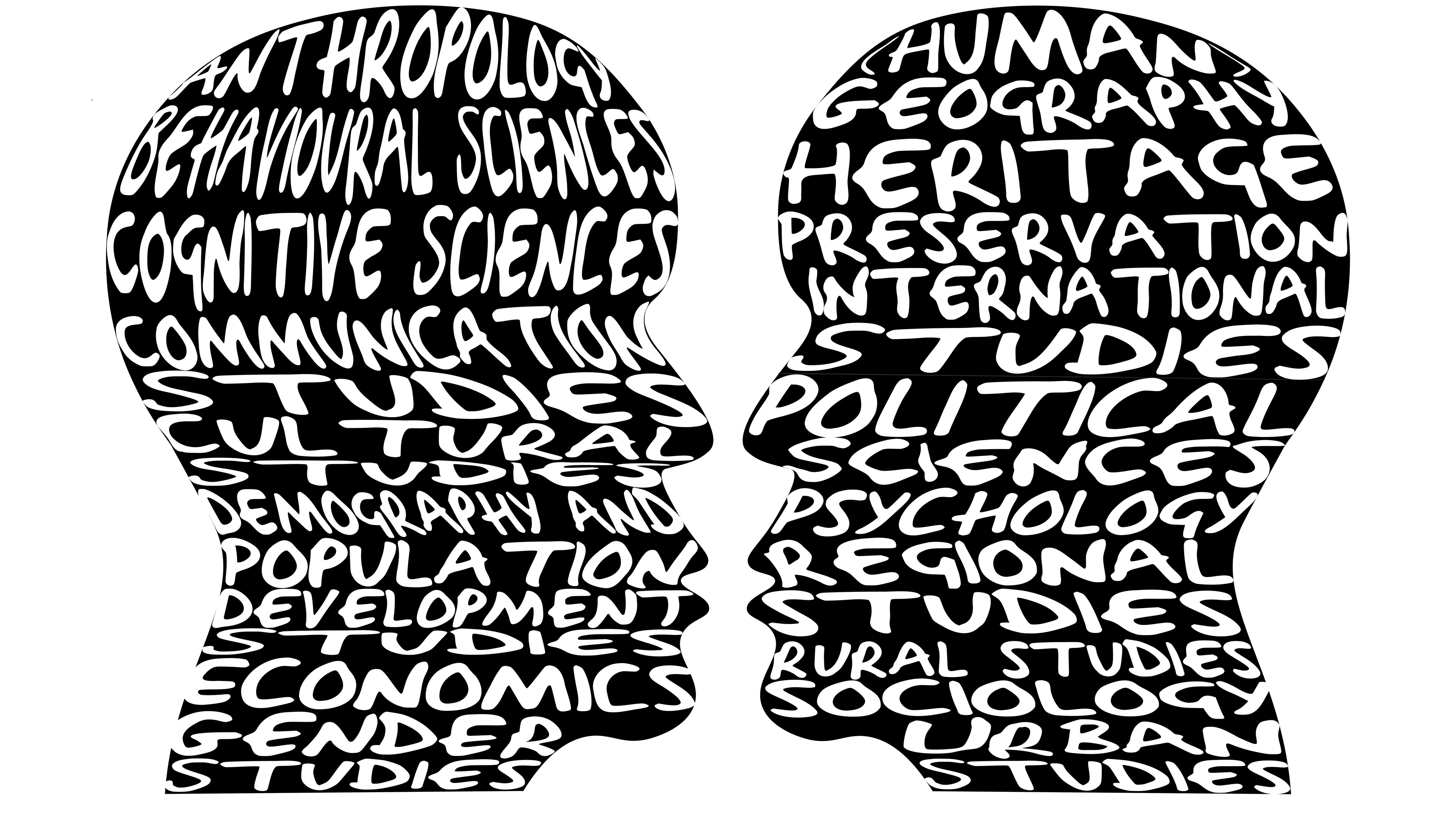 Fields of the Social Sciences as warped text in silhouettes