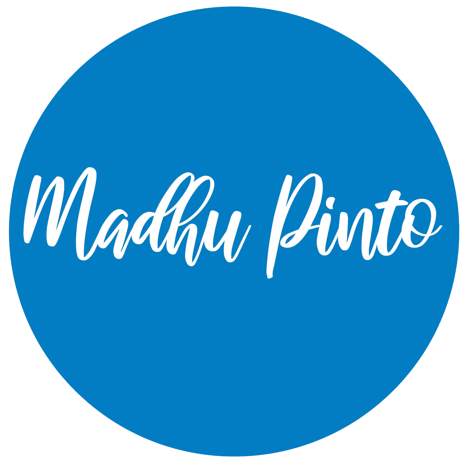 Madhu Pinto Logo - Blue circle with name centred in script in white