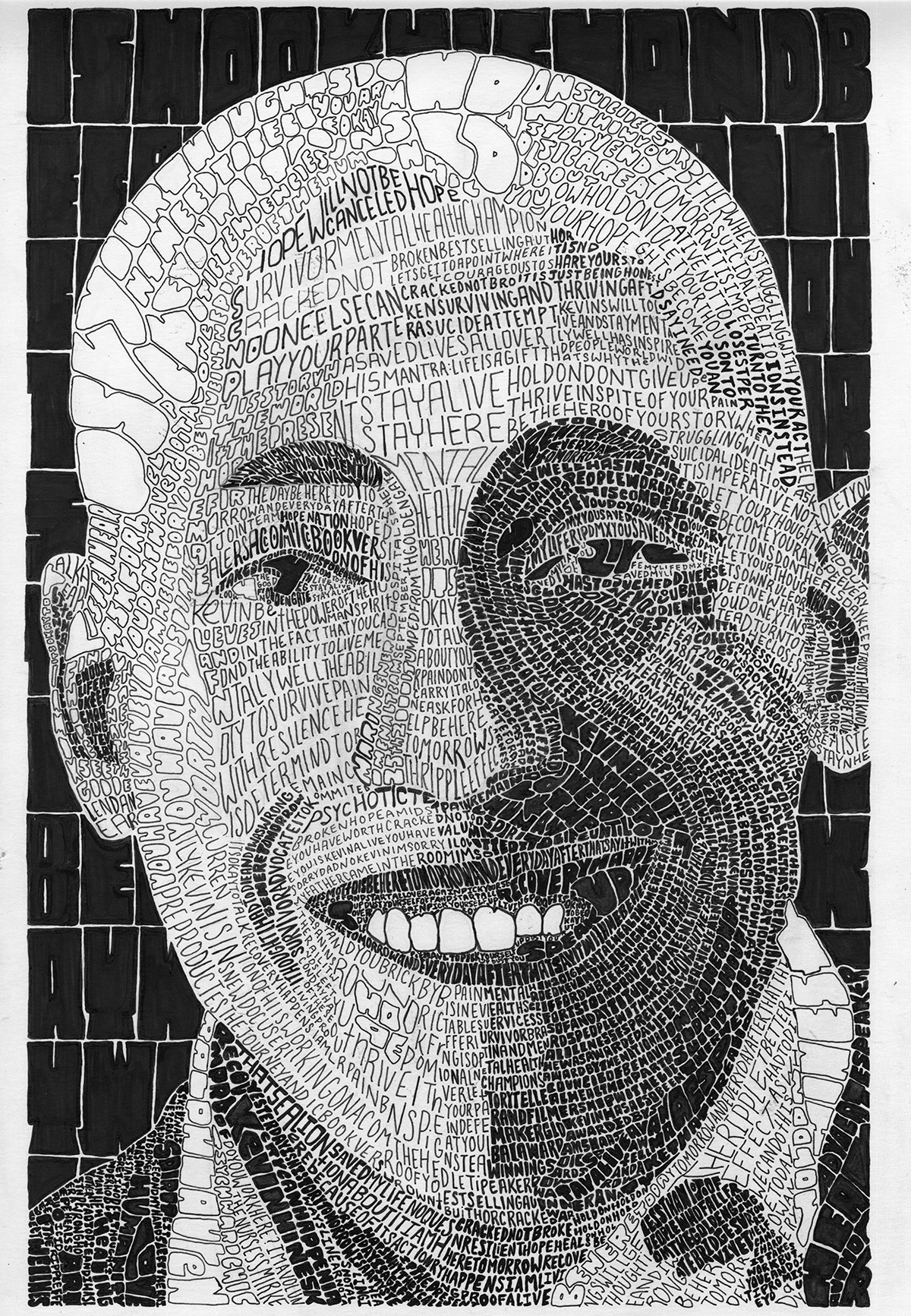Text Portrait Kevin Hines, Ink, November 2021