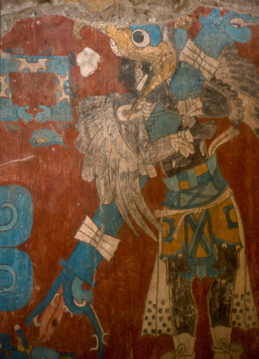 Un Sacerdote, en Sitio Cacaxtla, Tlaxcala, el mural y sus colores que dan muestran la maestría de los artistas prehispánicos.