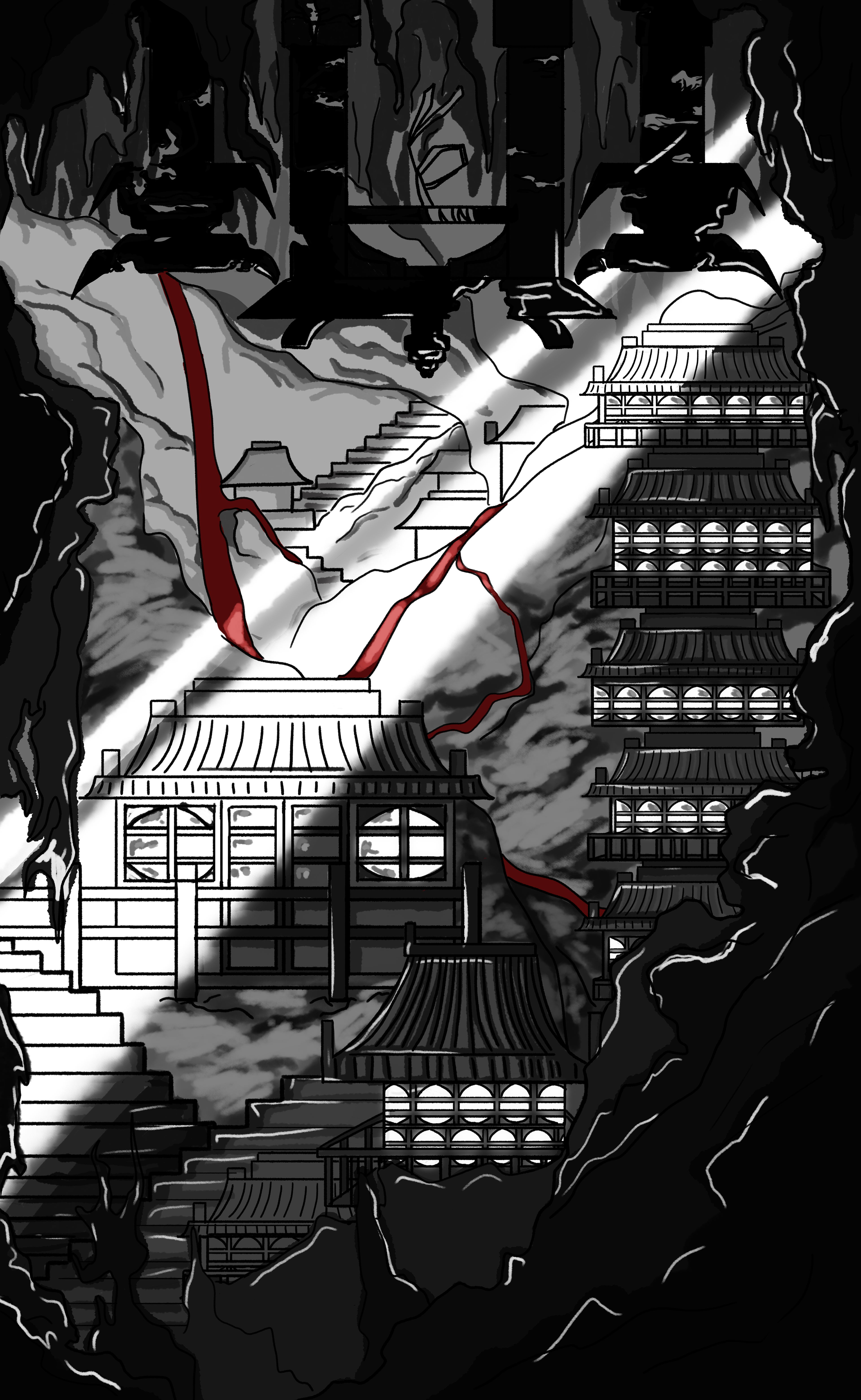 Environment design for abandoned, underground cave, with lights