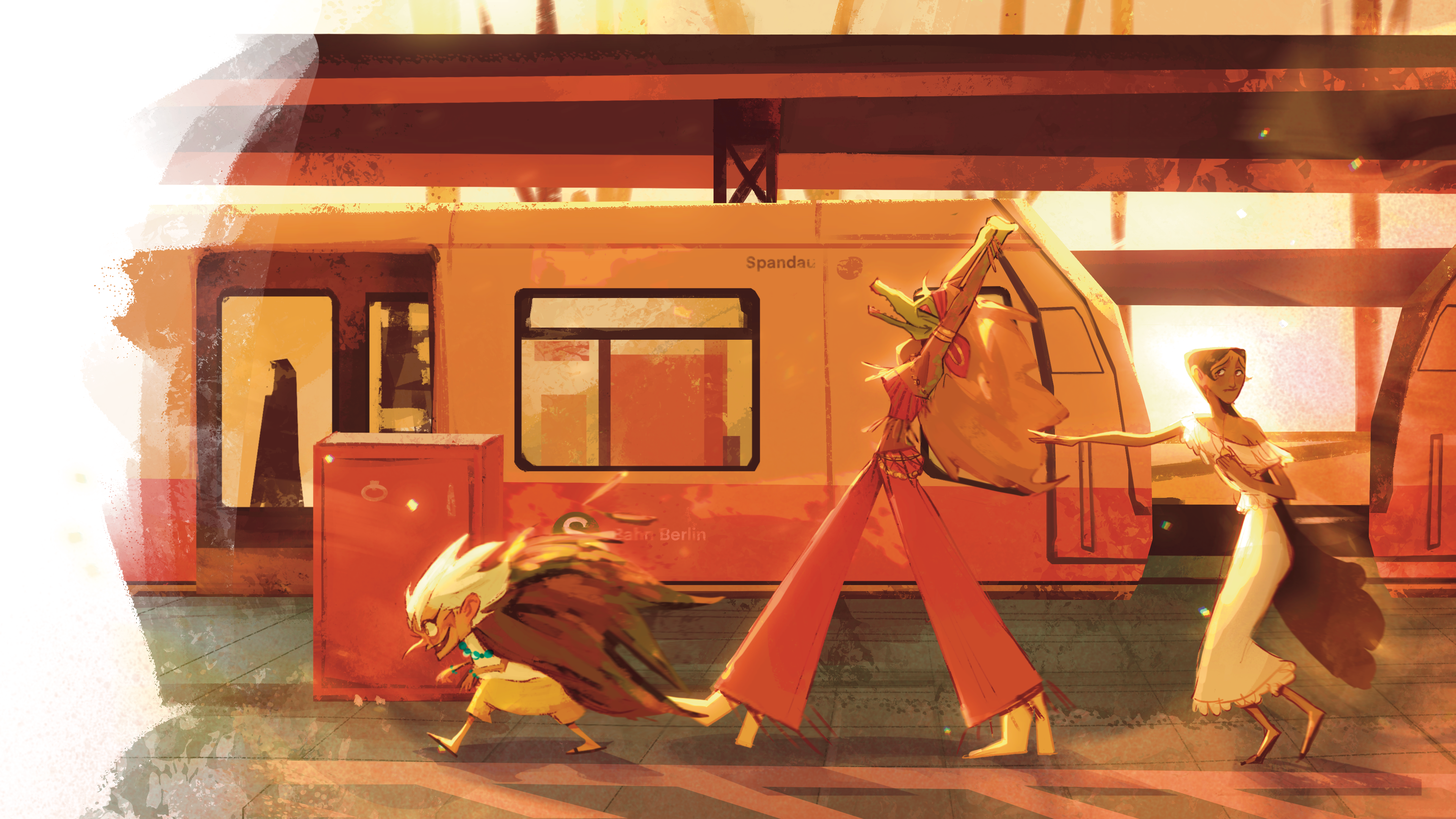 concept art showing the 3 main characters of visual development project CALIENTE, Cuca, Mirtha and Isabella walking in front of an german S-Bahn in Berlin Schöneweide by lucy methner