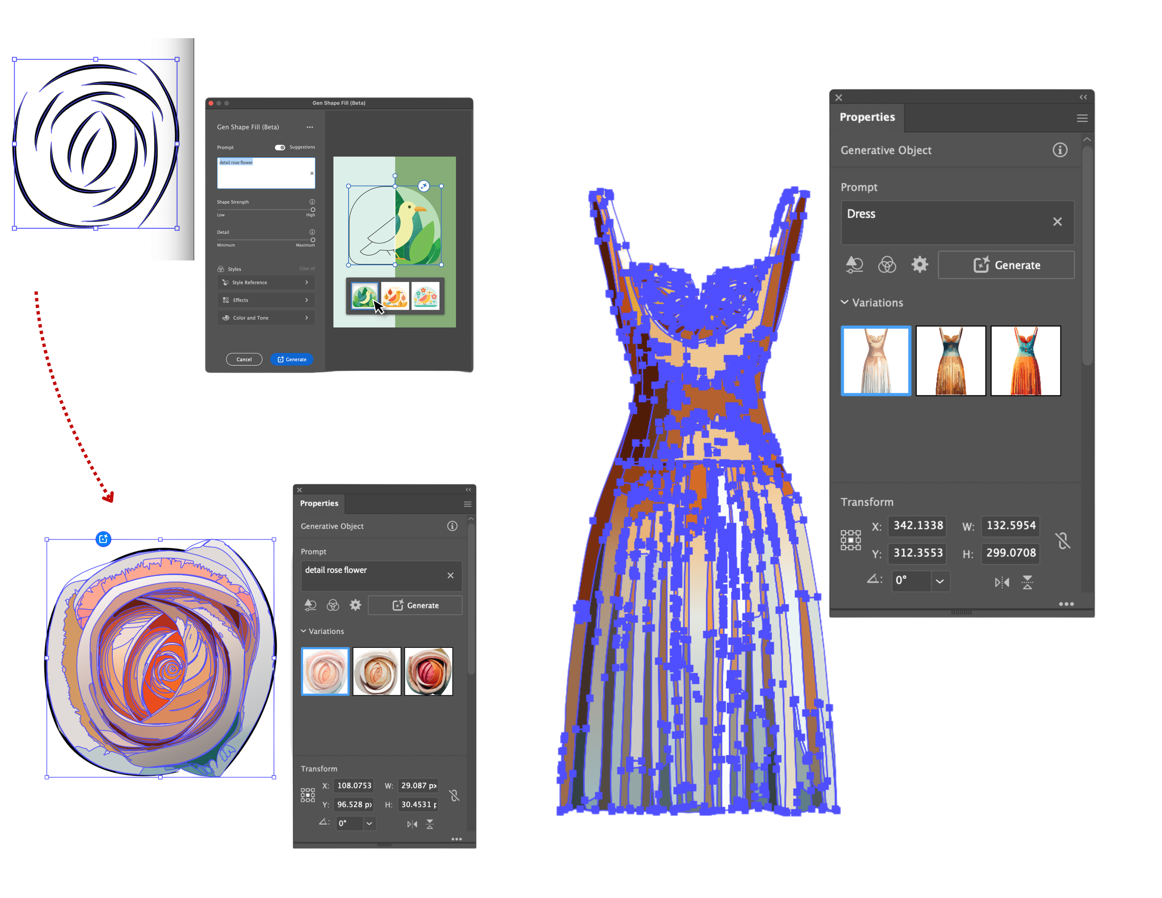 Adobe Illustrator and artificial intelligence were used to refine the sketching process. Utilizing Illustrator’s generative AI feature, the sketch was selected, and the prompt "Dress" was applied to generate an enhanced visualization. A similar approach was taken for the rose motif, with each garment detail generated separately to ensure an accurate interpretation of the original design.