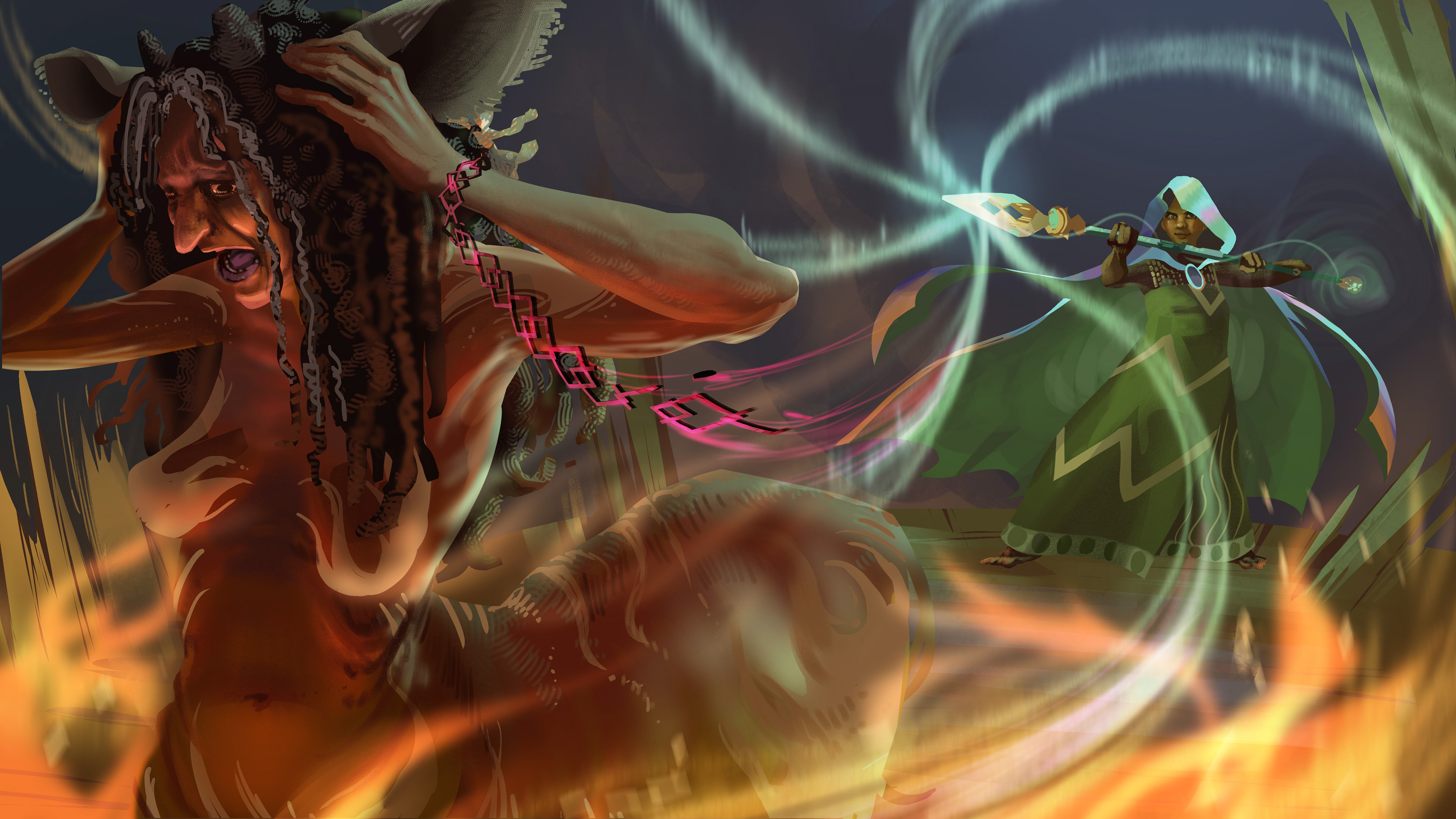 Frame 7 : Tausi uses the Magic Spear and absorbs Okapi Woman's magic.