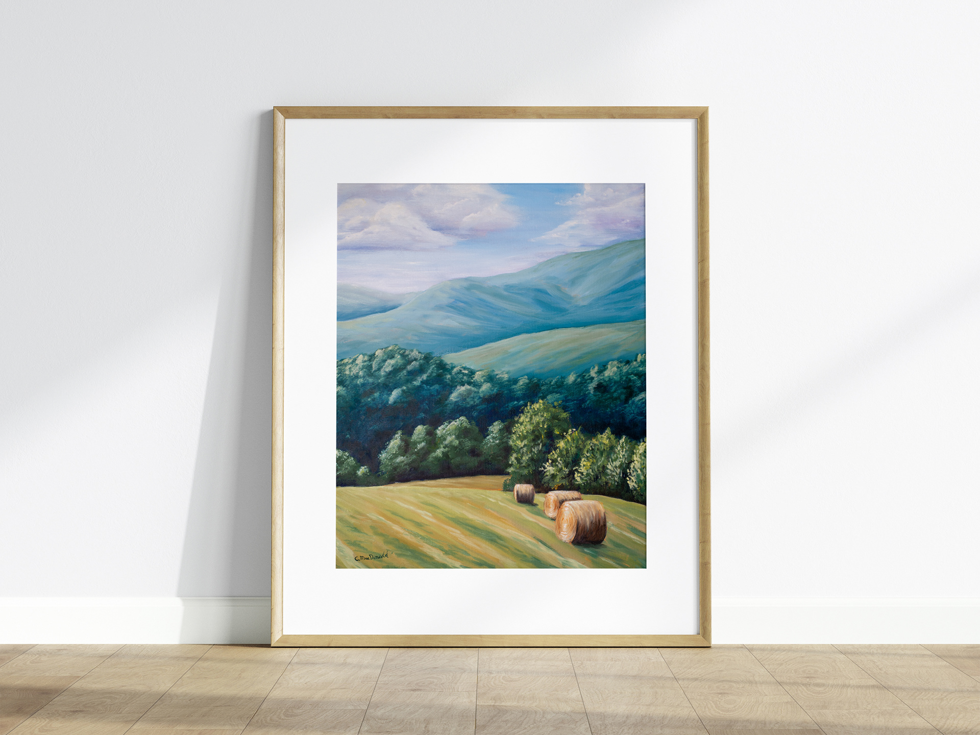 Oil painting of hayfields in Tennessee hills.