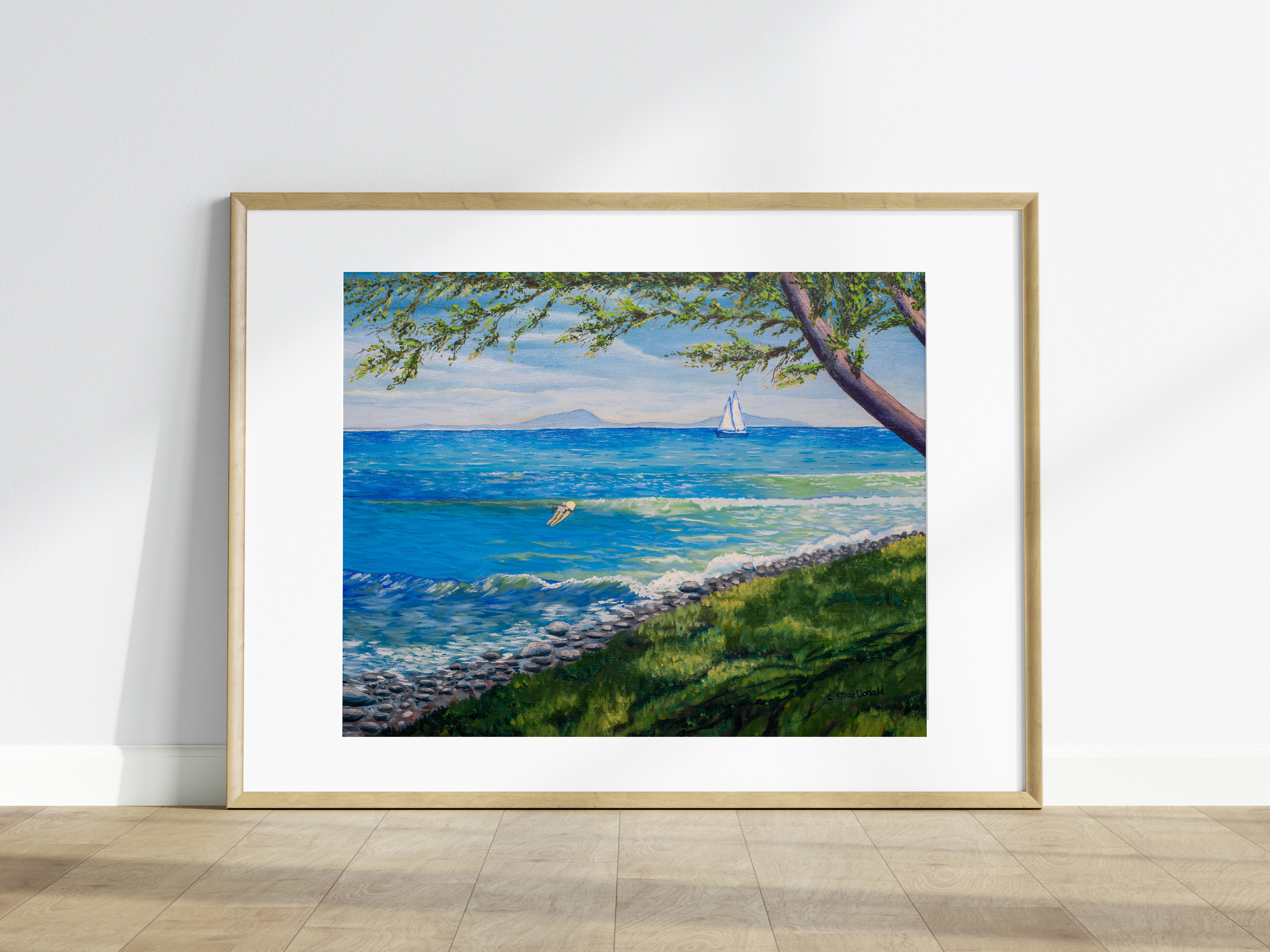 Oil painting of a surfer and ocean.