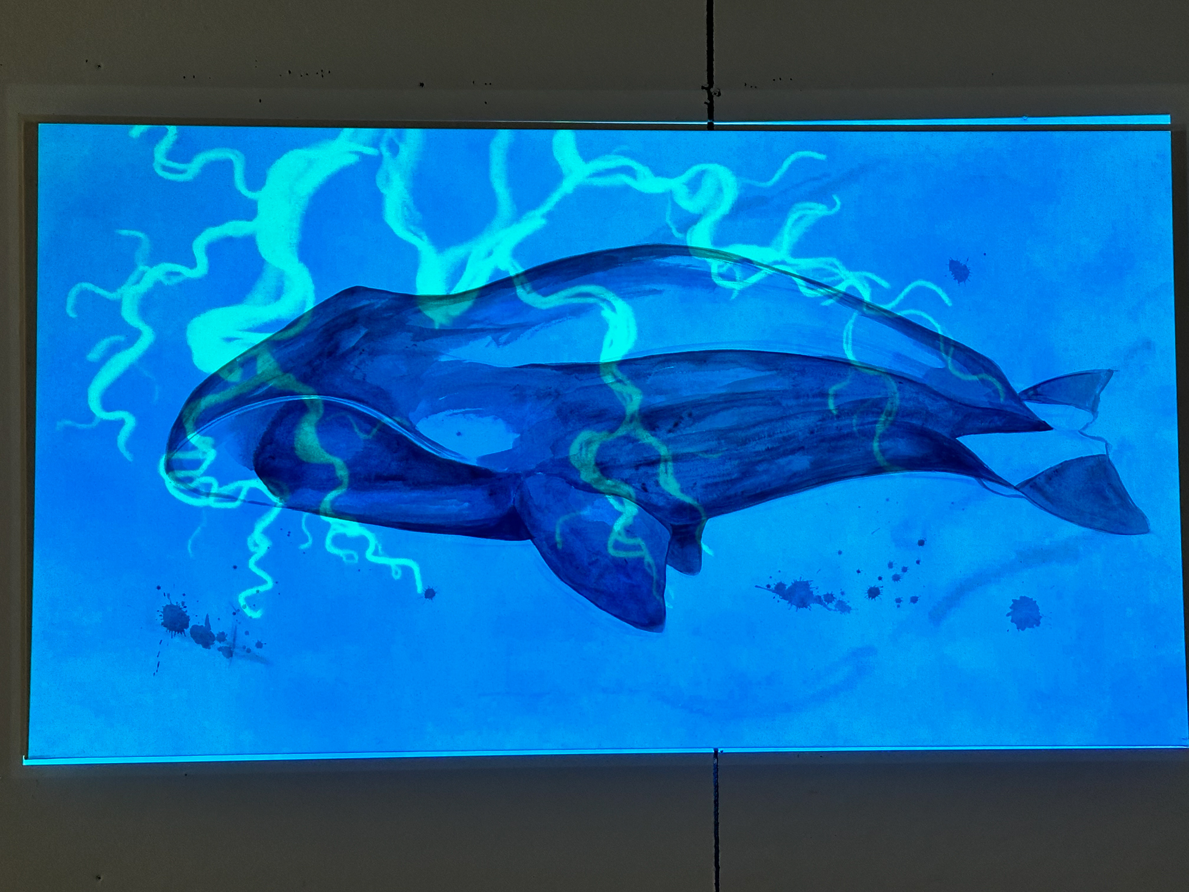 "I See the Whale, The Whale Sees Me", single-channel video projection on canvas with acrylics