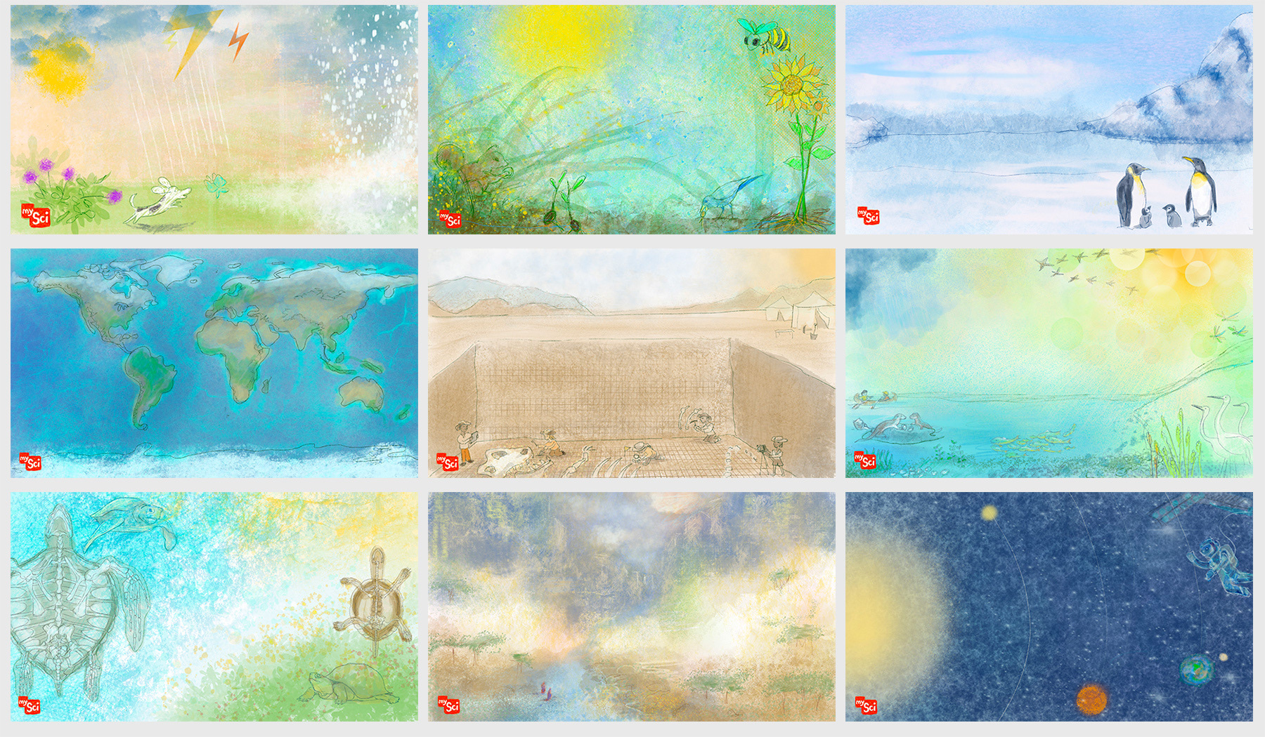 These are samples of the 24 unit cover illustrations created in 2020 as mySci responded to the pandemic lockdown by successfully creating online versions of all units.