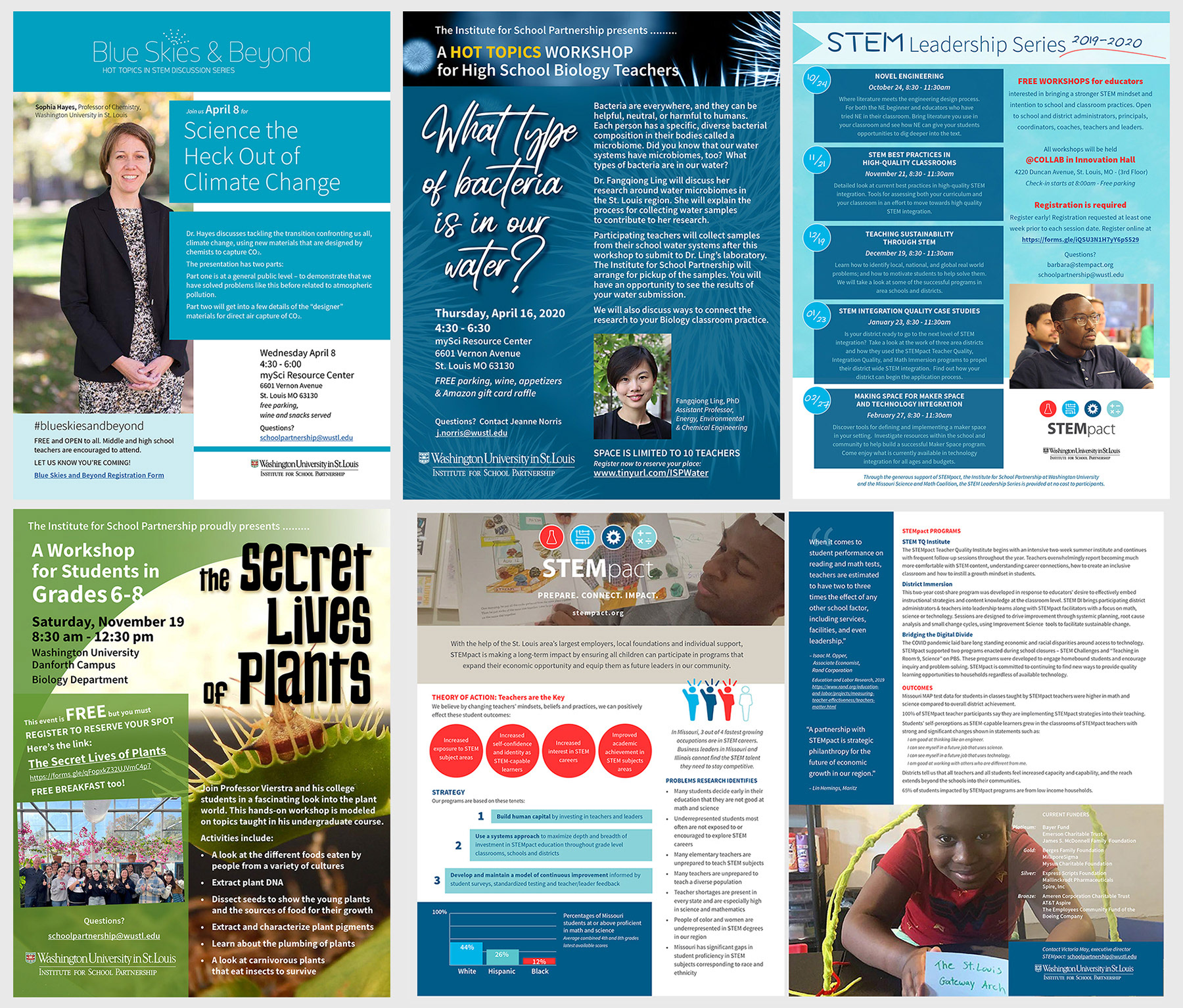 Flyers for various Institute for School Partnership programs/events