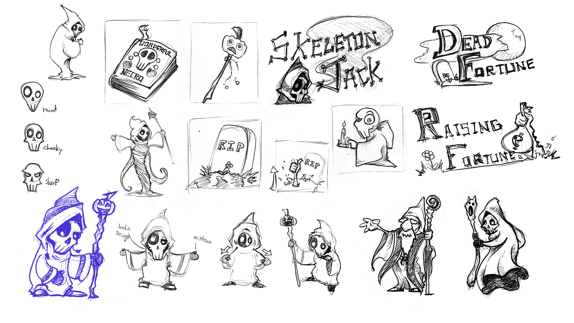 The original idea was to have a darker, voodoo or necromancy theme. I sketched out the character "Jack"