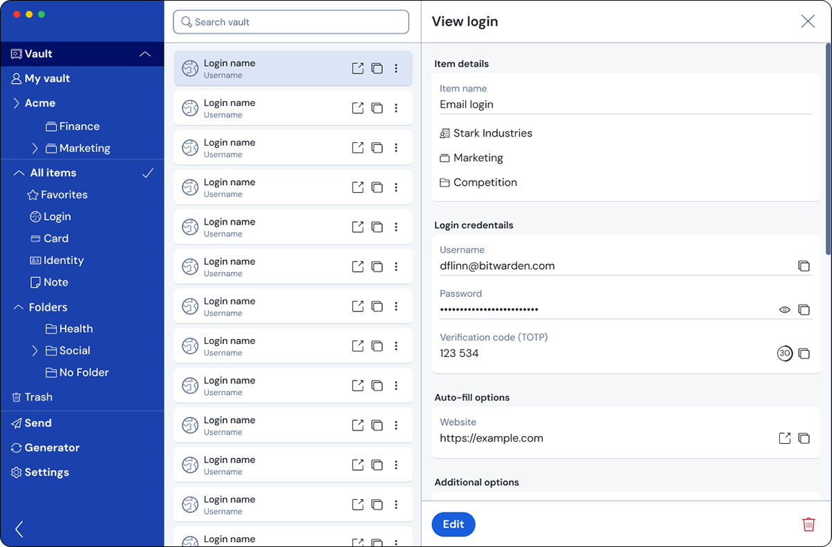 Screenshot of a Figma concept showing a more modern desktop interface for the Bitwarden Password Manager showing the view login page which uses the same design as the web application included above. .