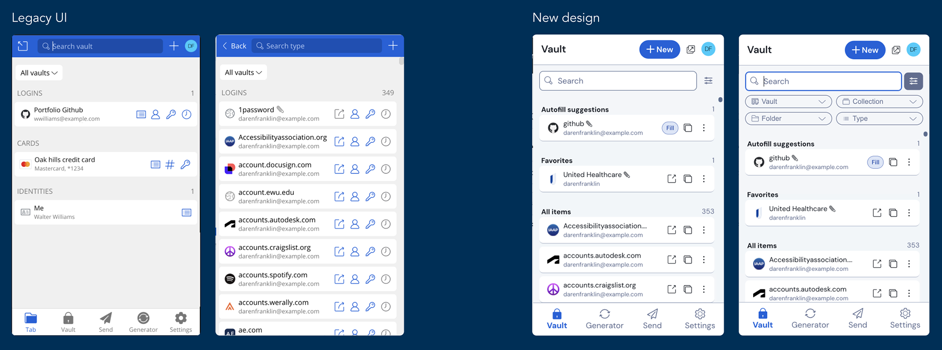 Legacy extension UI and new design side by side showing more modern UI elements, increased organization, and hierarchy in the new design