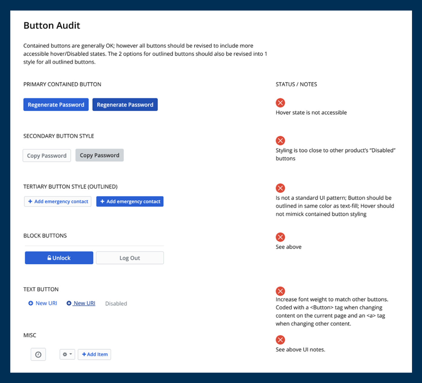 Screenshot of a Figma frame showing 5 different button styles where WCAG contrast guidelines are not met and the UI style feel outdated.