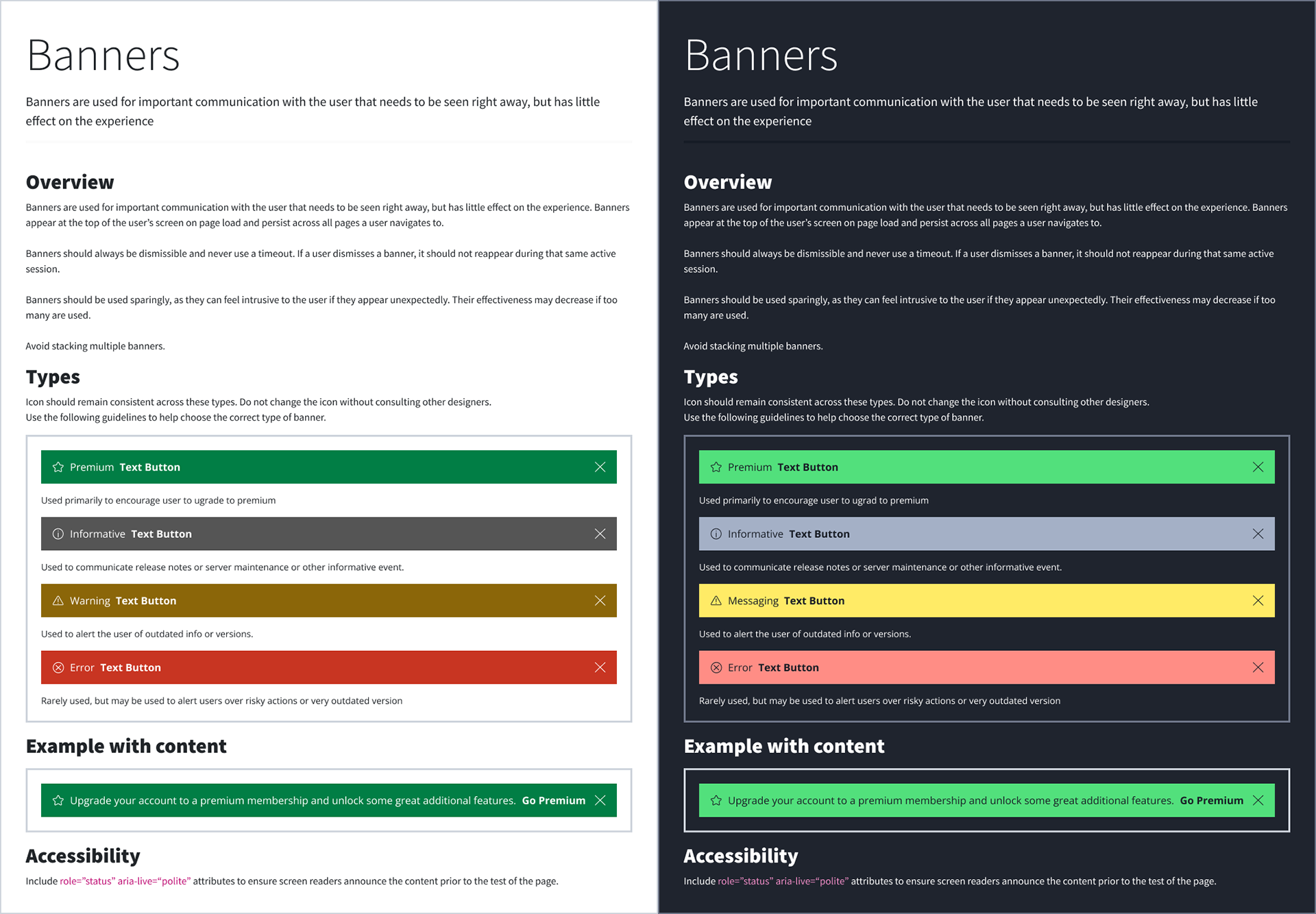 Screenshot from Figma showing banner components in light and dark themes along with usage and accessibility guidance