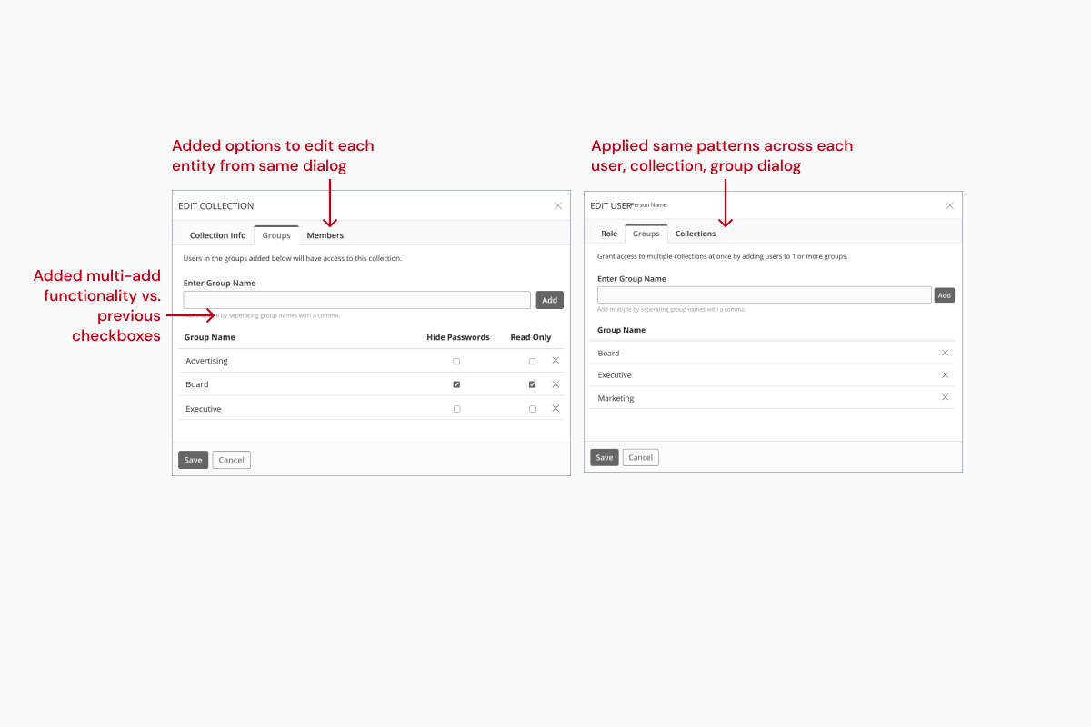 Admin dialog wireframes