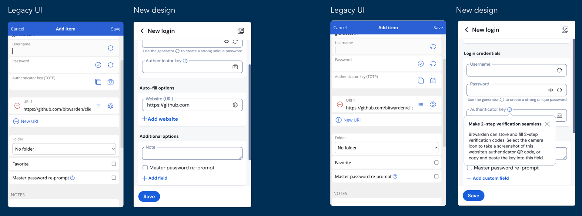 Legacy extension UI showing more complex terms and limited explanatory text, next to the new design which shows simpler labels and additional help information