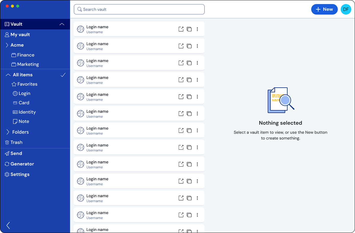 Screenshot of a Figma concept showing a more modern desktop interface for the Bitwarden Password Manager.