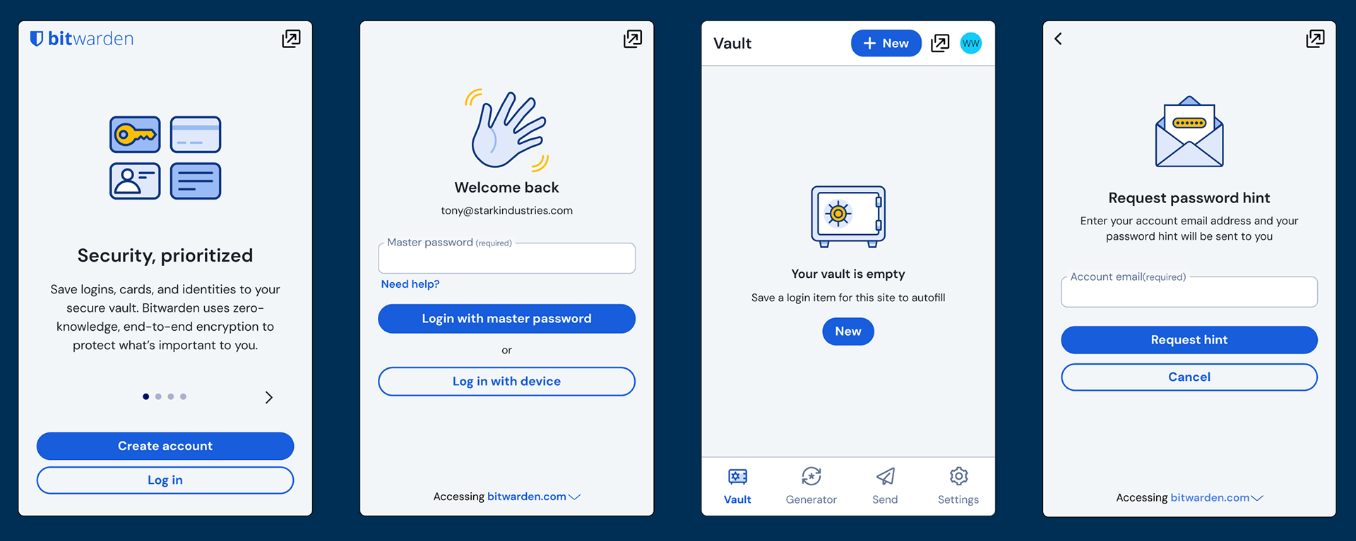 New extension design showing a welcome screen with a key, person, and card illustration. I login page showing a waving hand to welcome the user back. An empty view of the password manager with an illustration of a vault. And an illustration showing an envelope with an obscured phrase for the request password hint screen. e