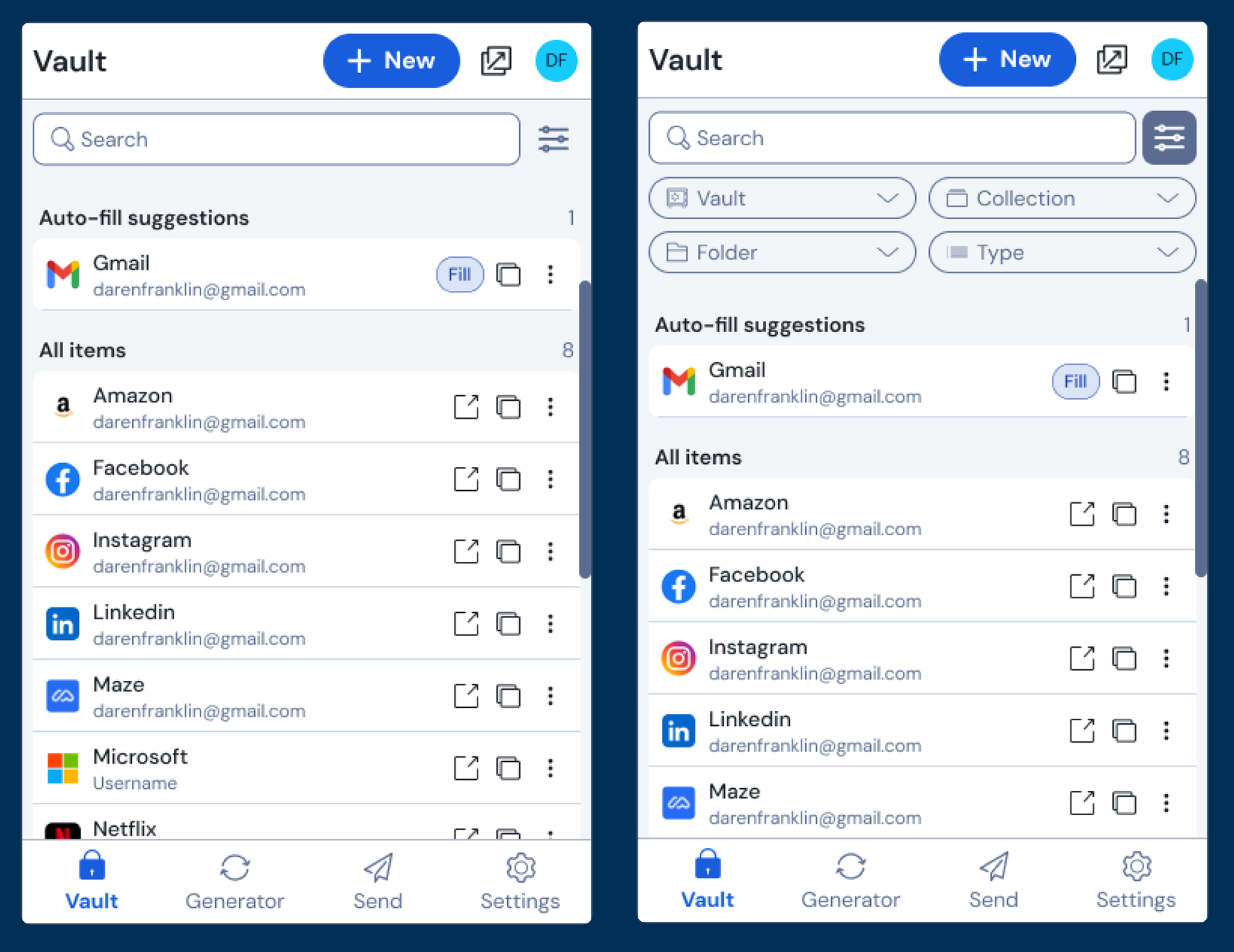 Extension Vault UI showing a more compact view than previous images. This view reduces the padding around all elements by about 4 pixels