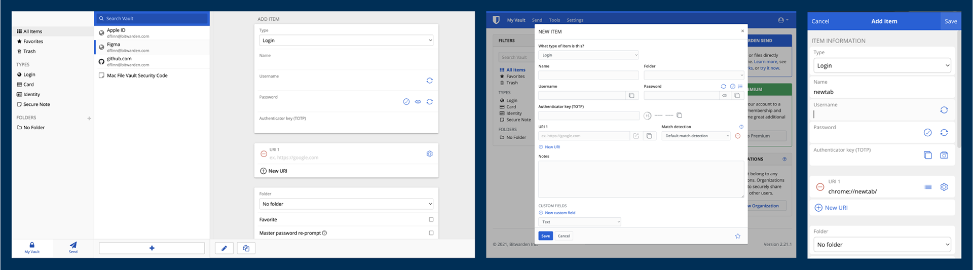 3 screenshots of the Bitwarden Password Manager showing flat, gray UI with different design patterns used on each interface.