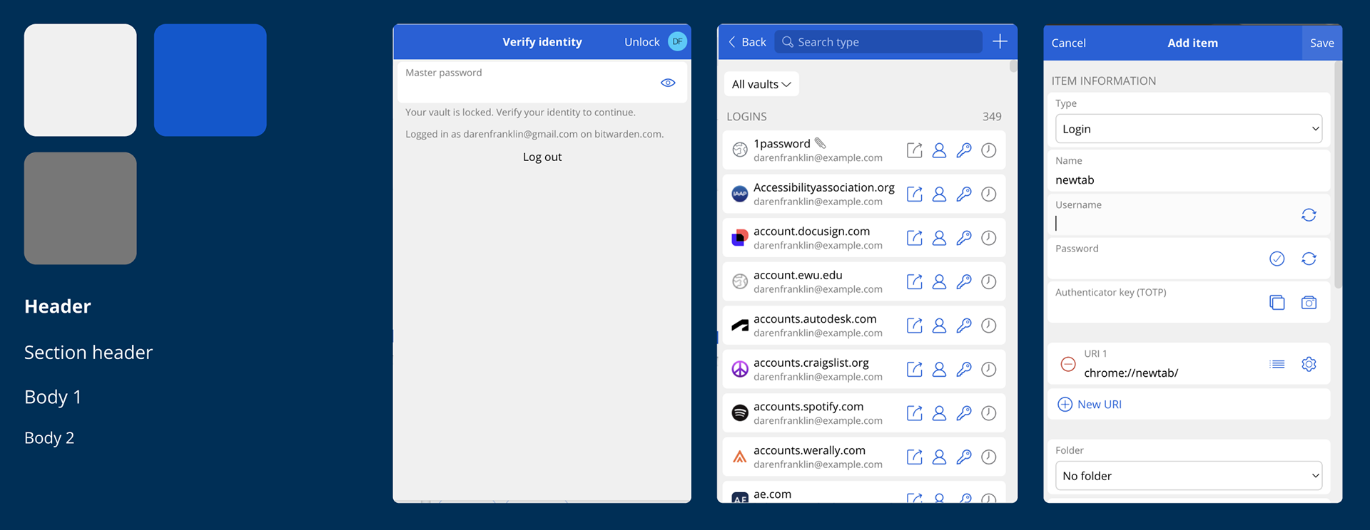 Legacy UI components, blue and gray for the main interface components and little hierarchy applied to screens
