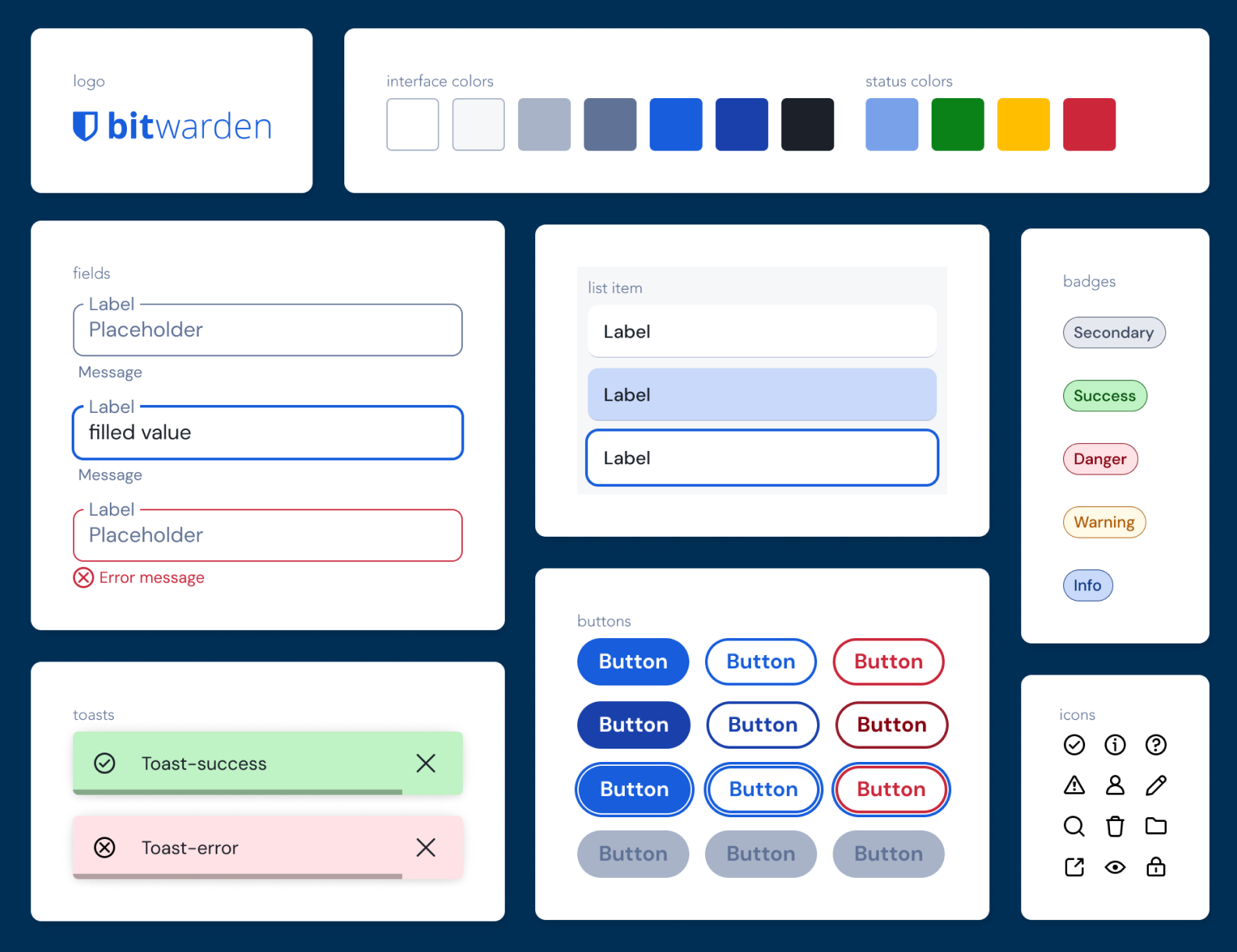 Figma components showing the brighter colors, more rounded corners on components, and bolder icons. The components feel friendly and more modern than the initial components.