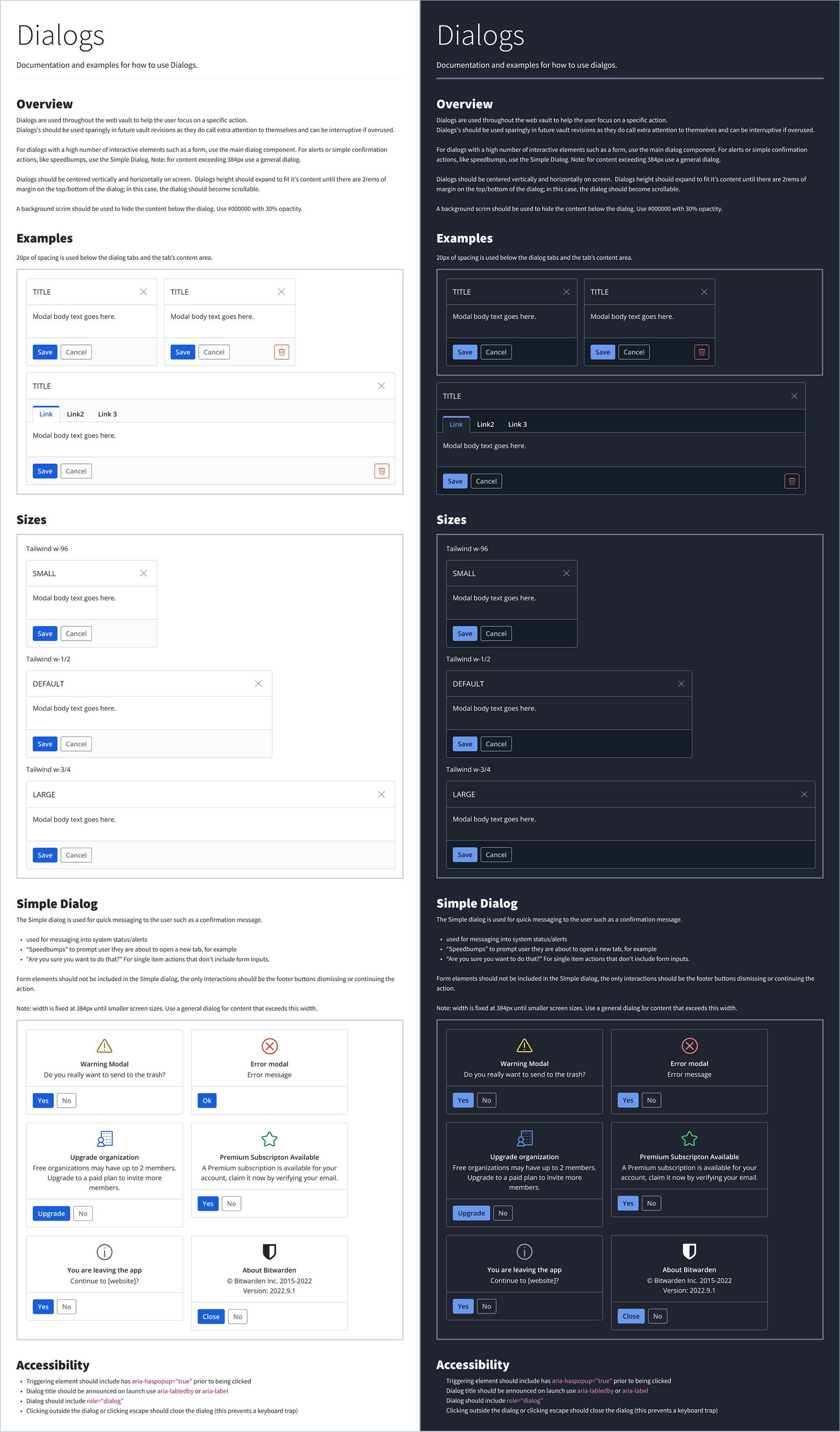 Screenshot from Figma showing dialog components in light and dark themes along with usage and accessibility guidance