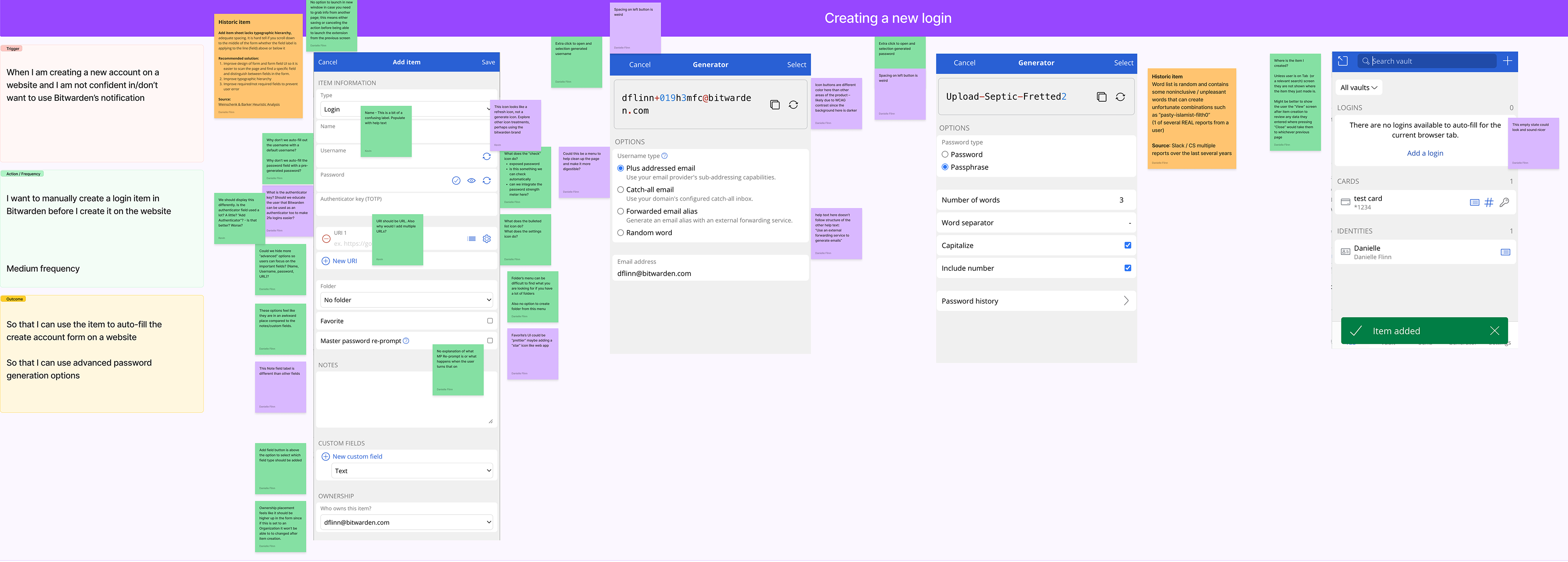 A FigJam board showing screenshots of the Bitwarden extension interface with sticky note annotations identifying opportunities for improvement