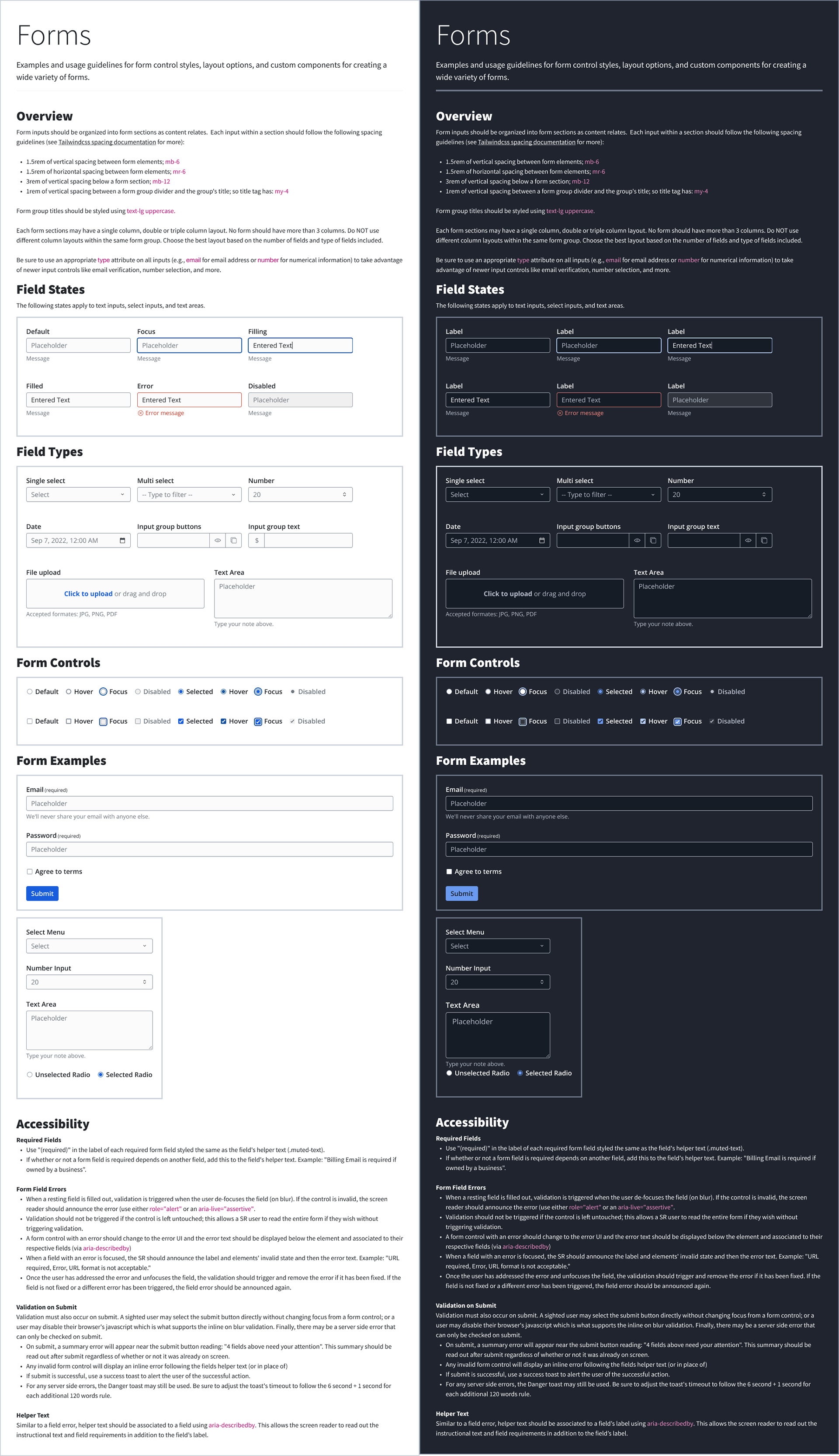 Screenshot from Figma showing form components in light and dark themes along with usage and accessibility guidance