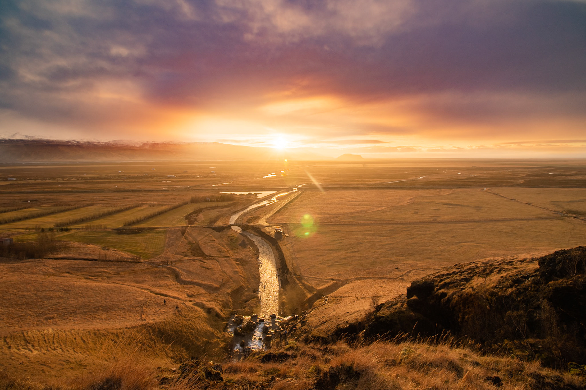 View from Gluggafoss Waterfall at sunset.