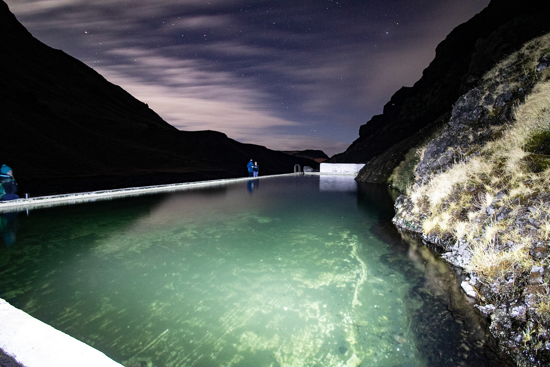Seljavallalaug swimming pool at night.