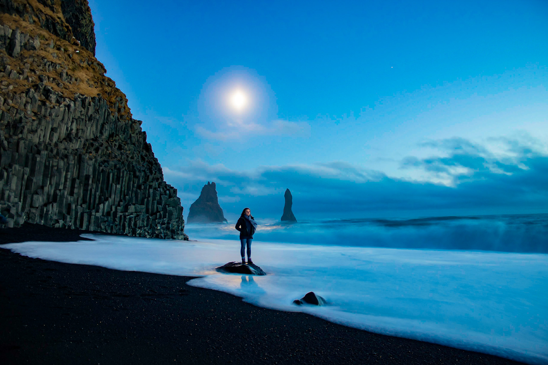 Amy at Reynisfjara Beach after sunset.