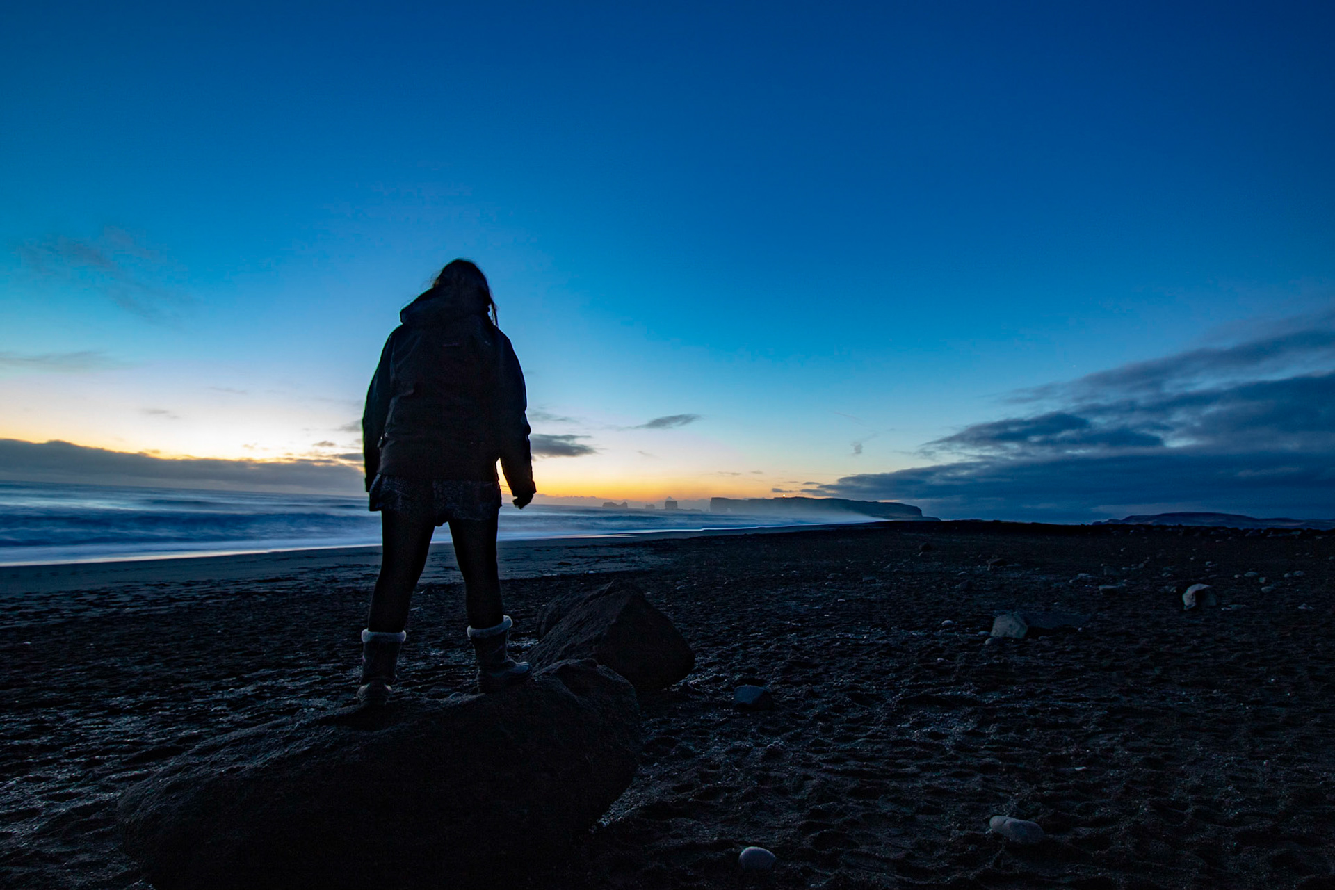 Bethanie at Reynisfjara Beach after sunset.