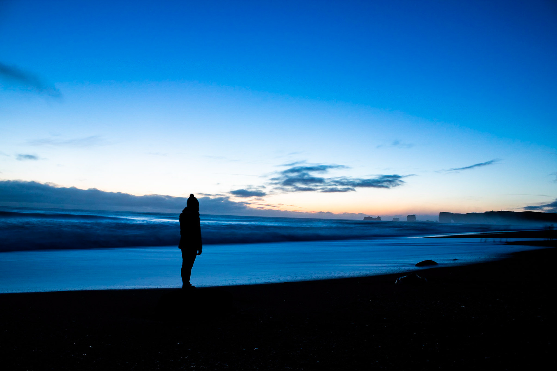 Amy at Reynisfjara Beach after sunset.
