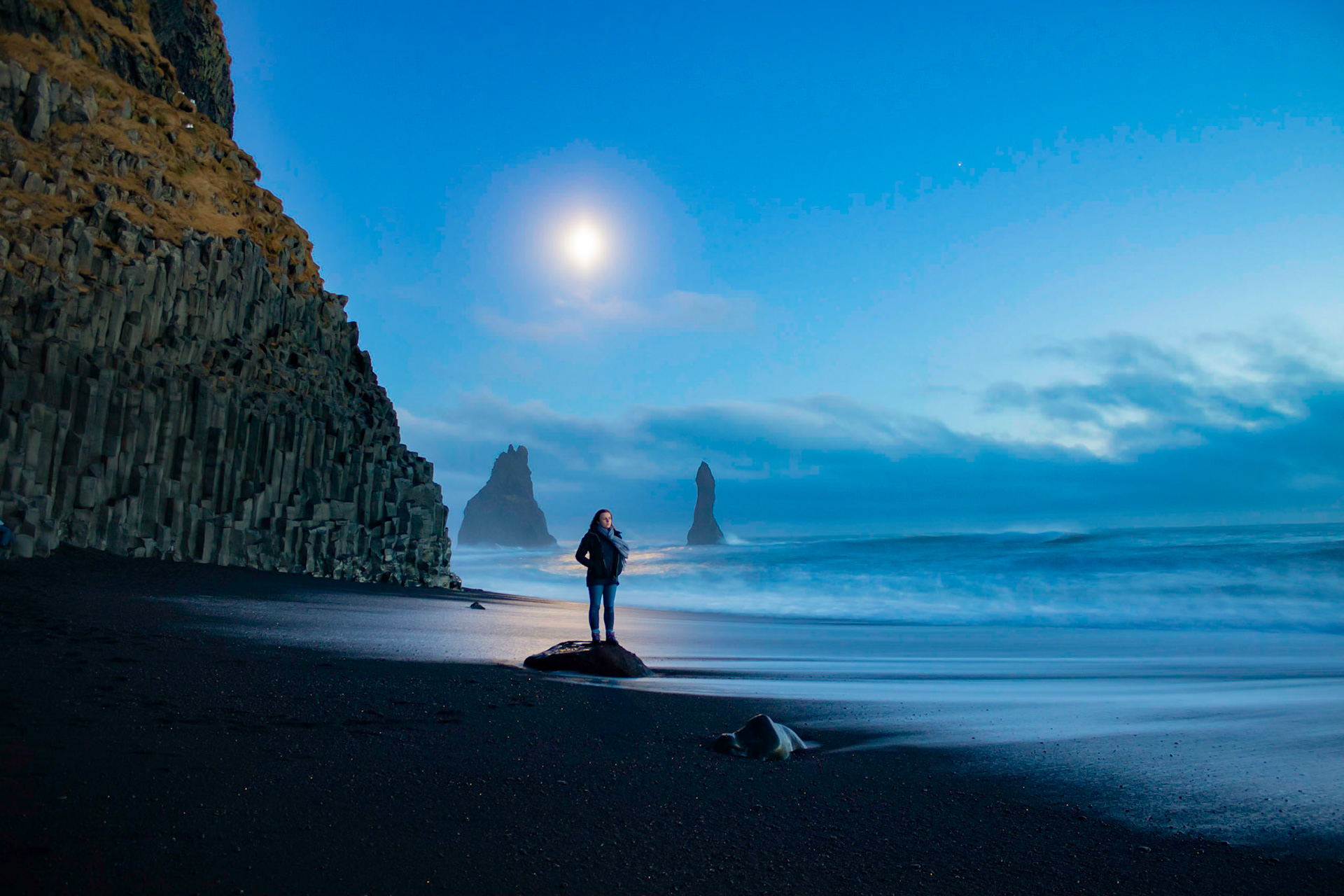 Amy at Reynisfjara Beach after sunset