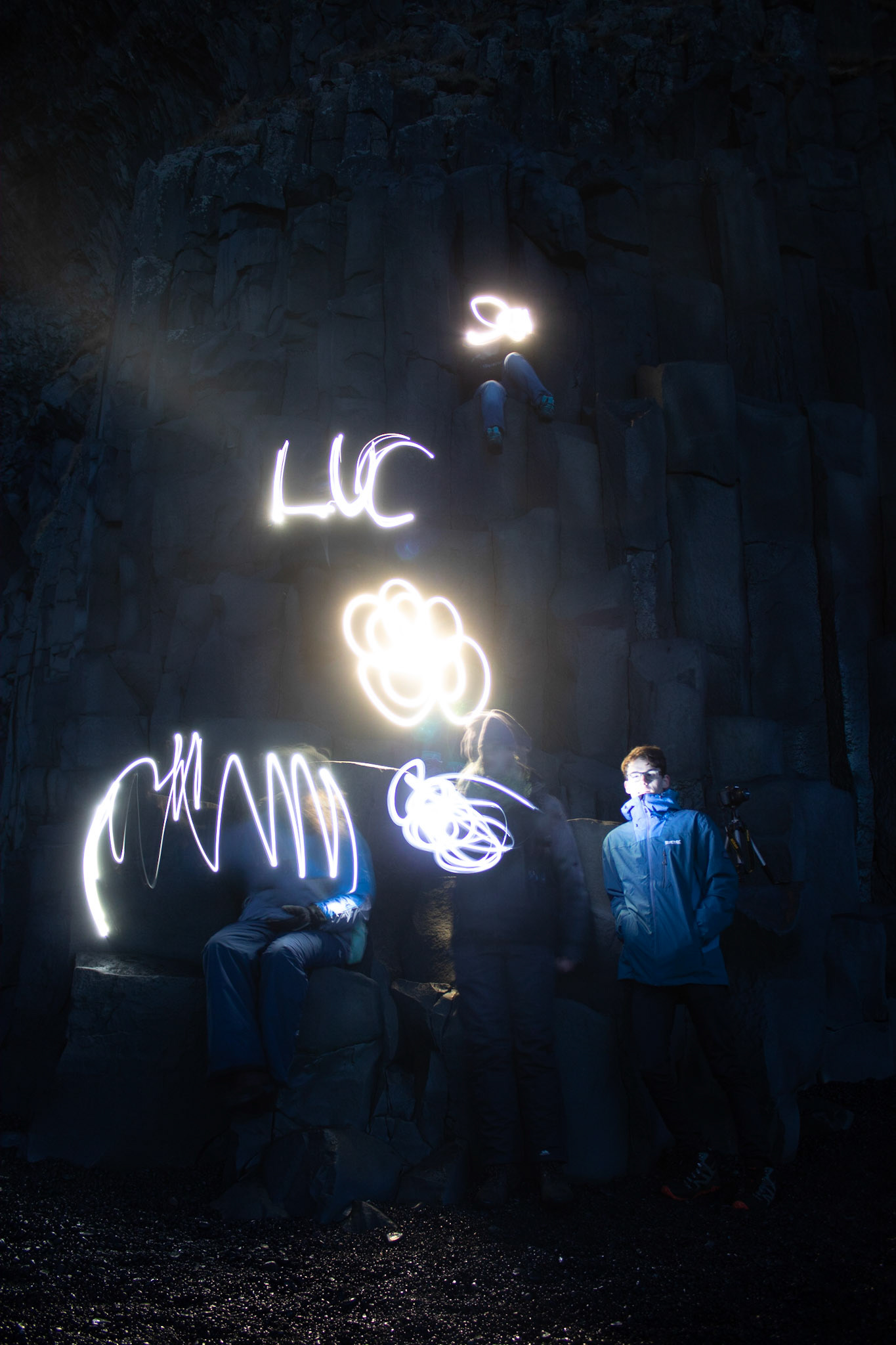 Group at Reynisfjara Beach after sunset