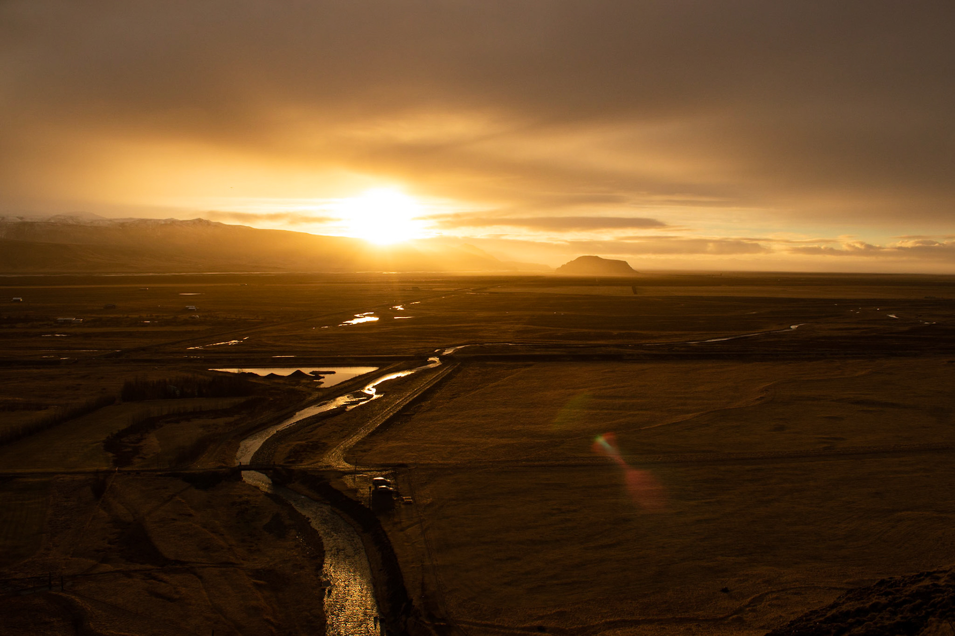 View from Gluggafoss Waterfall at sunset.
