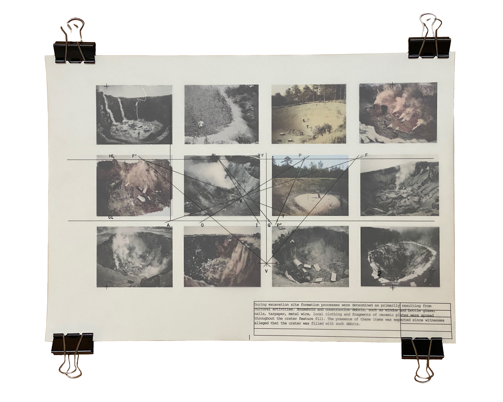 Artwork comprising of a 4x3 grid of twelve AI generated photos and their text prompt at the bottom right of the page, overlayed with an architectural technical perspective drawing on tracing paper, all held together with binder clips.