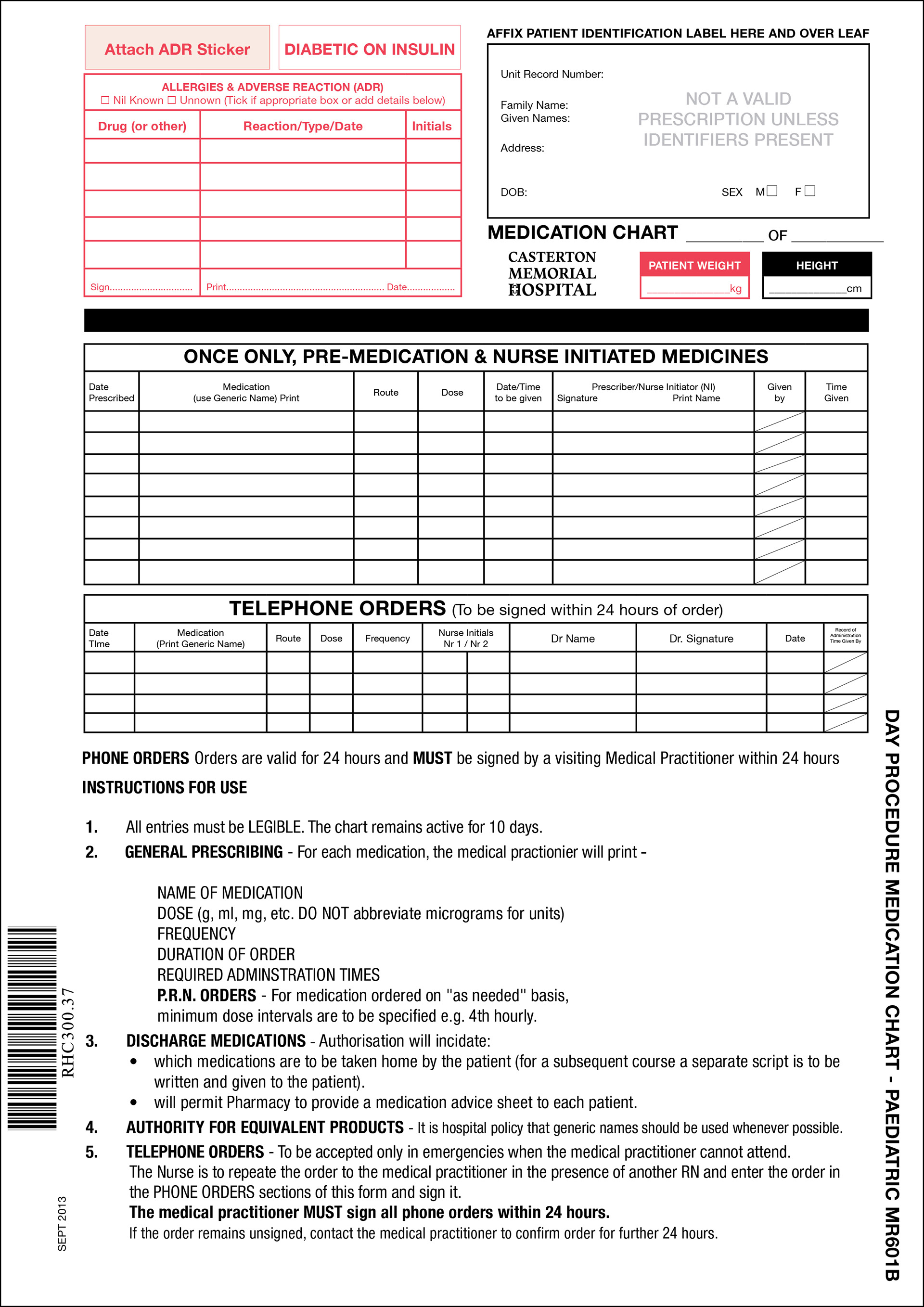 One side of the hospital day chart with tables, instructions for use, bullets and numbering.