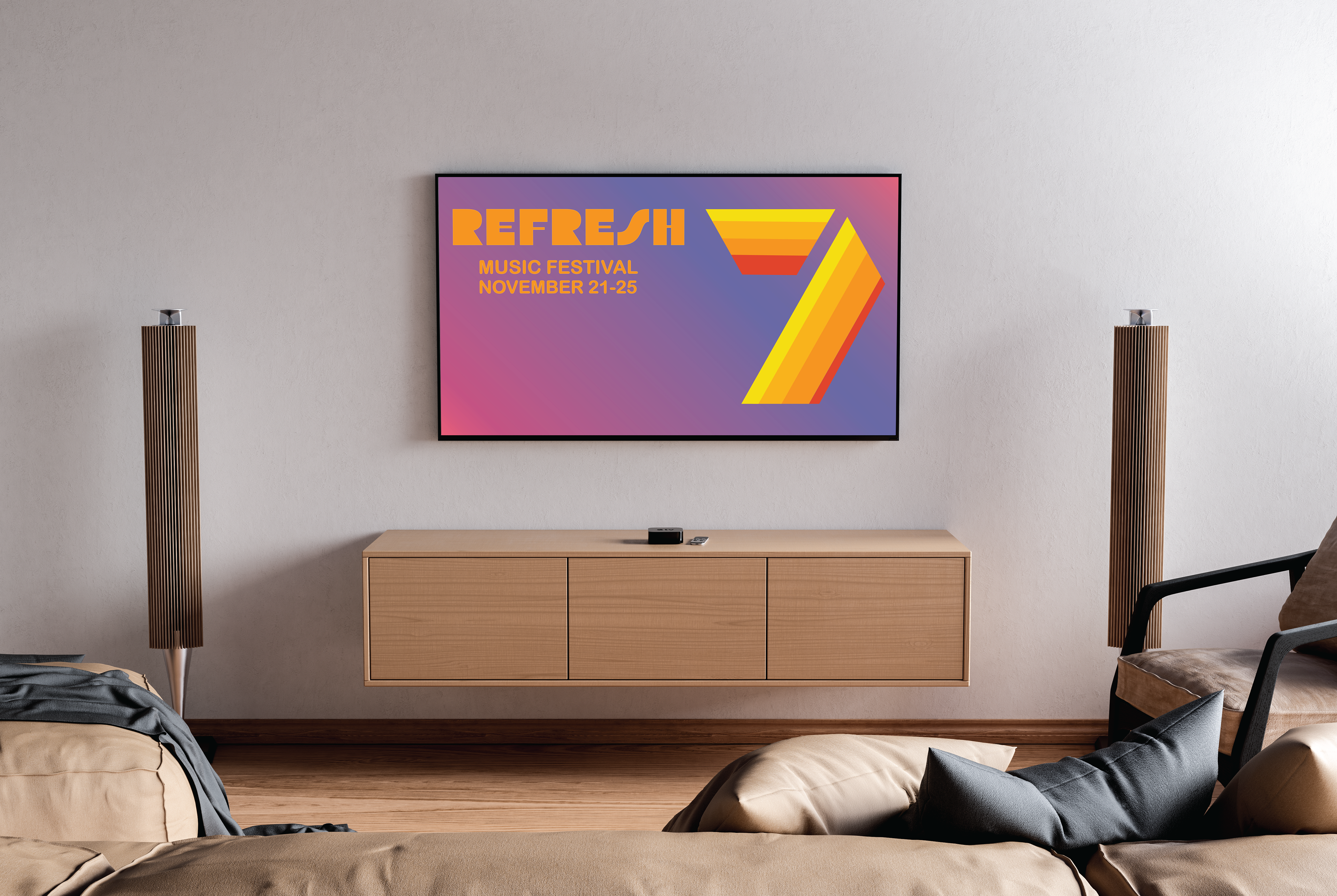 A mockup of the logo on a wall mounted tv in a living room.