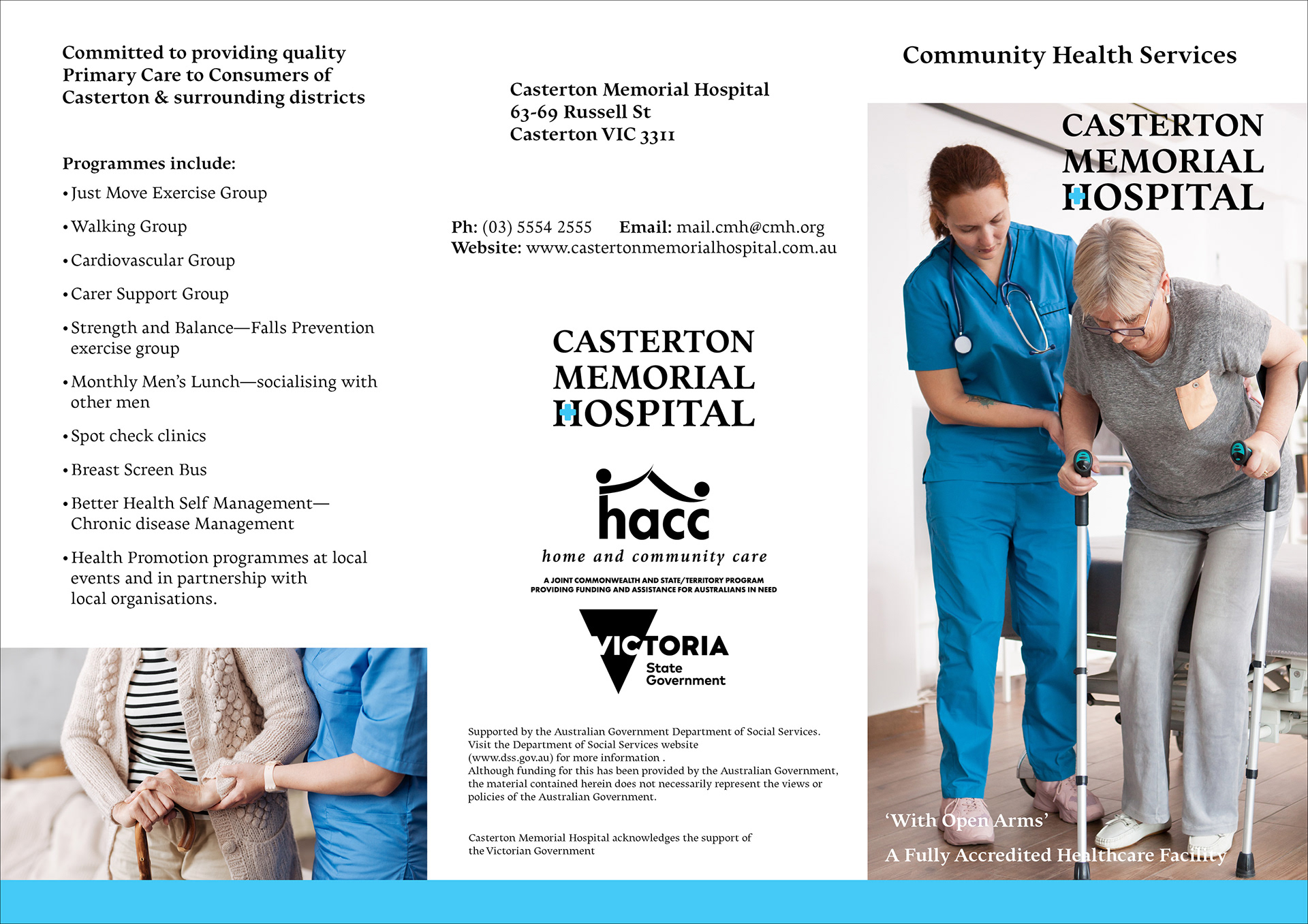 Front side of one brochure for community health services, with full colour images of a nurse helping a patient and information about the programmes CMH offers for community health services.