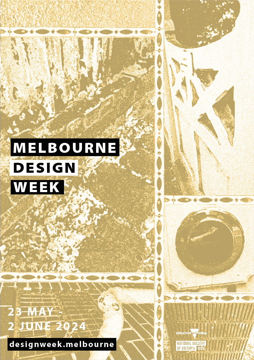 Melbourne Design Week poster 3. A collection of cropped and rotated images of various things like fences, mail boxes, storm drain gate and textured walls are arranged like a scrapbook with a repeating tile pattern bordering each image and has a light yellow overlay and retro riso effect applied.