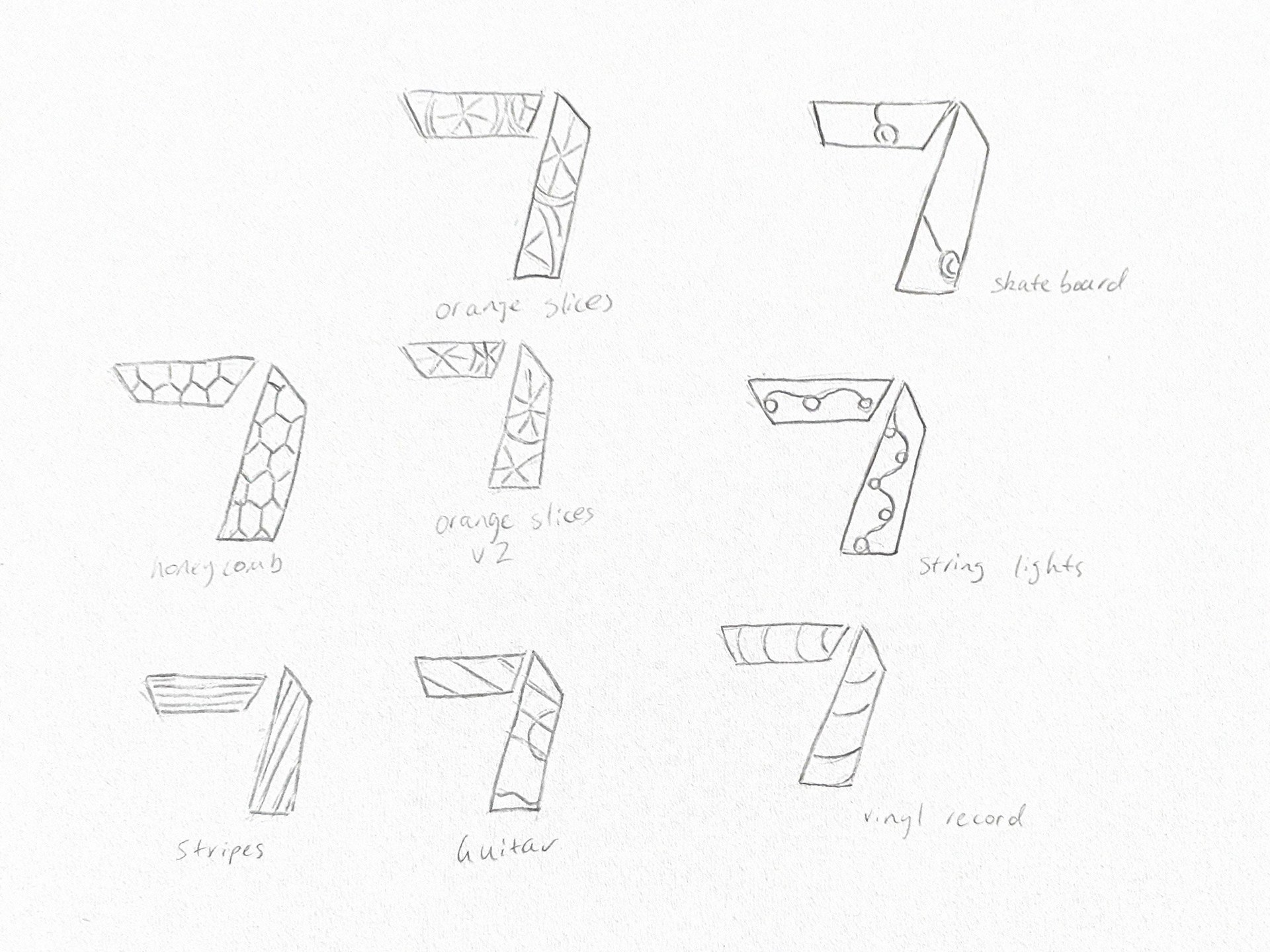 Pencil sketches of various patterns inside of the Channel 7 logo shape, including orange slices, skate board, string lights, honeycomb, stripes, guitar and vinyl record.